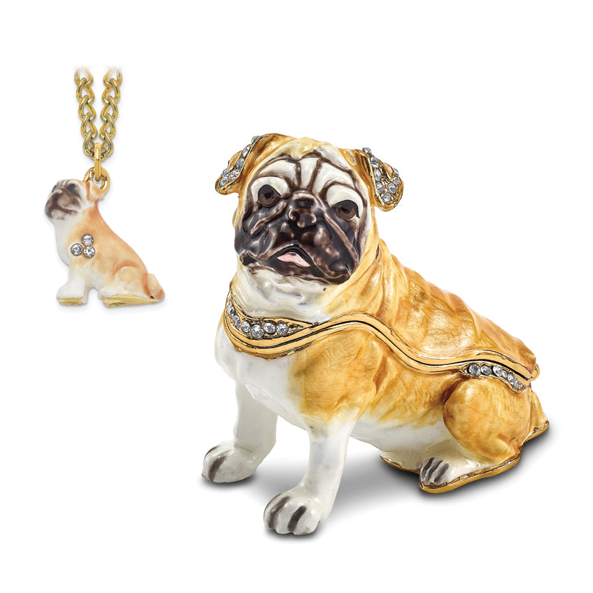 Luxury Giftware Pewter Bejeweled Crystals Gold-tone Enameled WEDNESDAY Pug Trinket Box with Matching 18 Inch Necklace