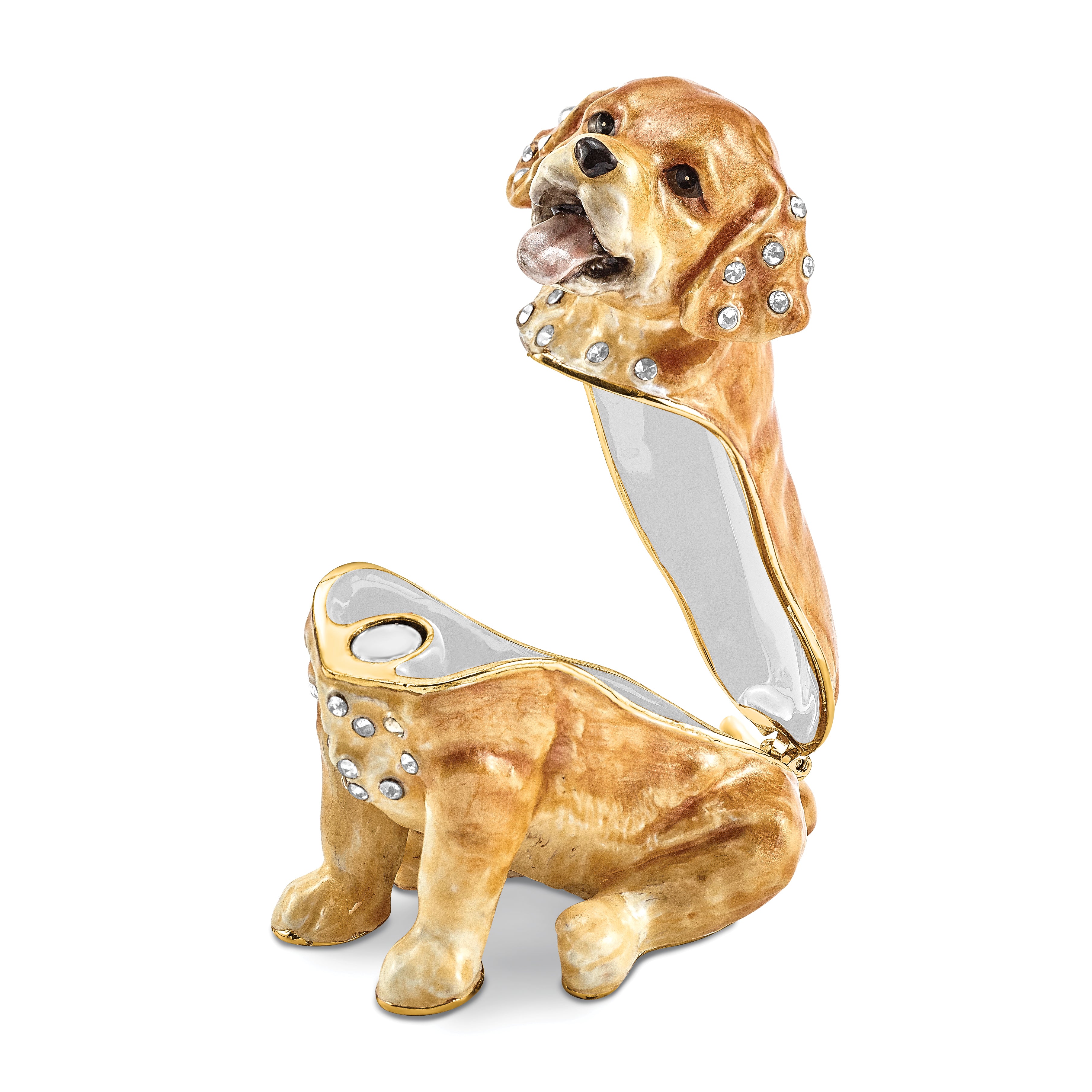 Luxury Giftware Pewter Bejeweled Crystals Gold-tone Enameled SASSY Golden Retriever Pup Trinket Box with Matching 18 Inch Necklace