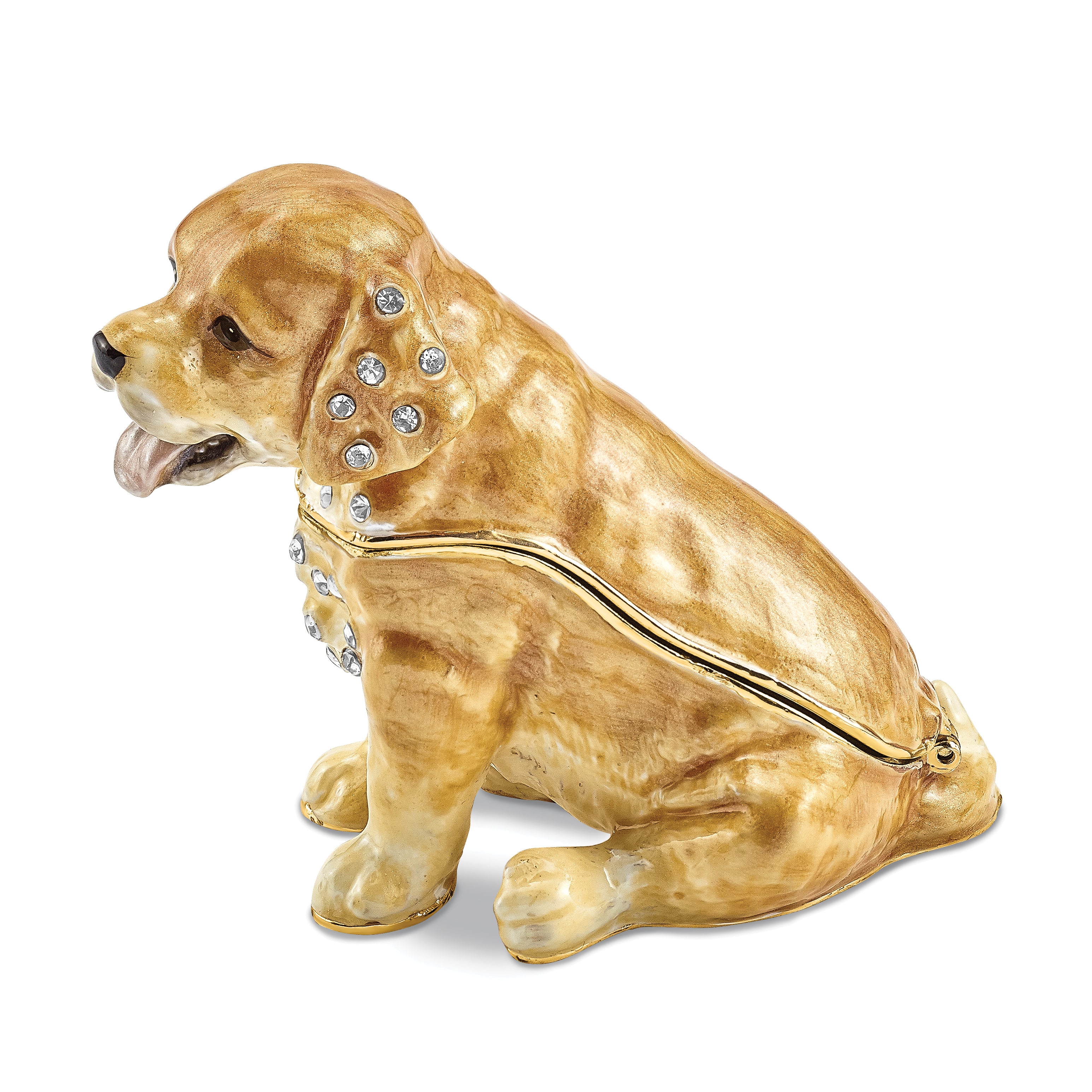 Luxury Giftware Pewter Bejeweled Crystals Gold-tone Enameled SASSY Golden Retriever Pup Trinket Box with Matching 18 Inch Necklace