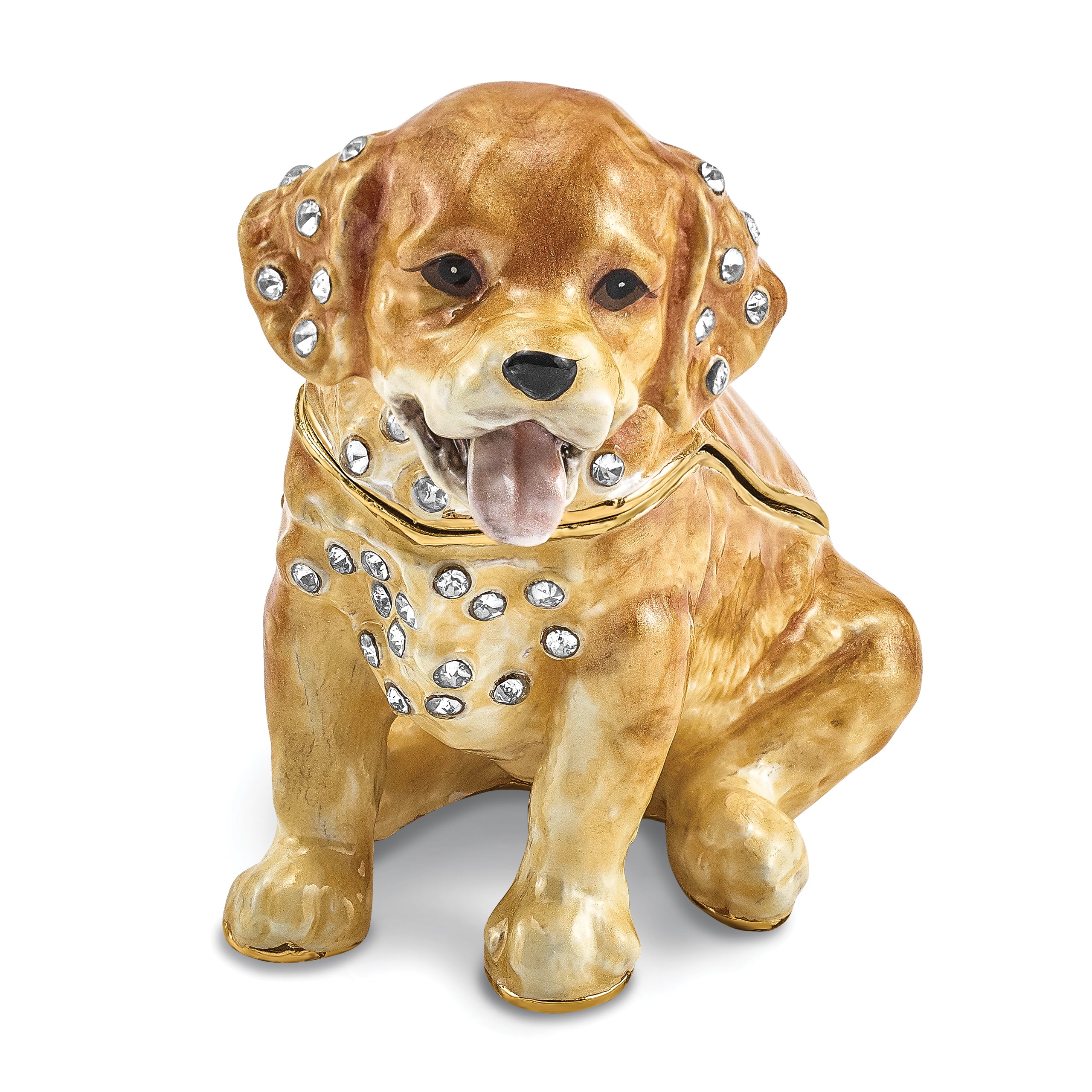 Luxury Giftware Pewter Bejeweled Crystals Gold-tone Enameled SASSY Golden Retriever Pup Trinket Box with Matching 18 Inch Necklace