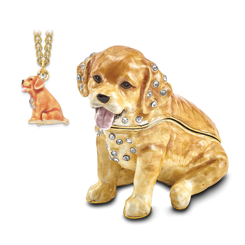 Luxury Giftware Pewter Bejeweled Crystals Gold-tone Enameled SASSY Golden Retriever Pup Trinket Box with Matching 18 Inch Necklace