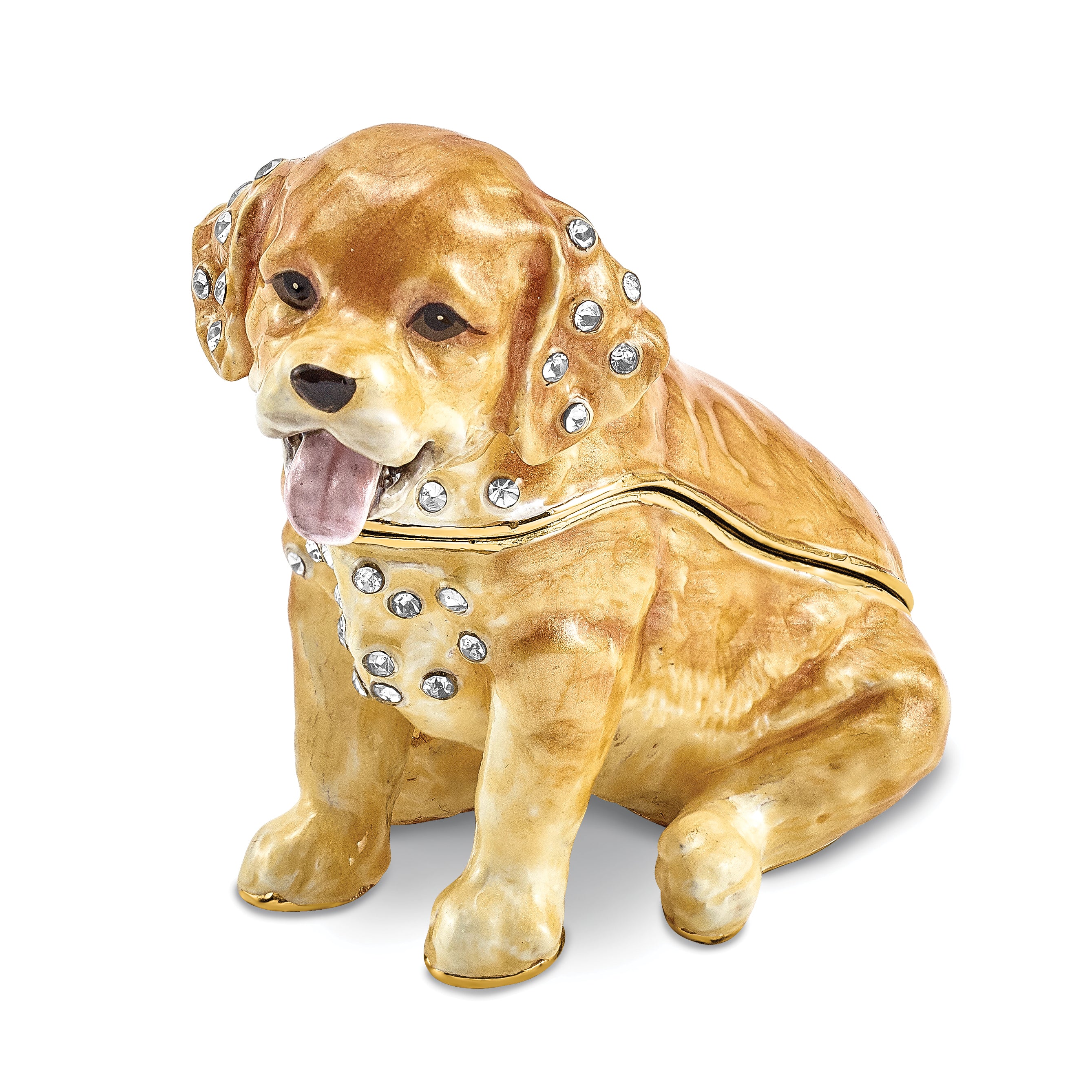 Luxury Giftware Pewter Bejeweled Crystals Gold-tone Enameled SASSY Golden Retriever Pup Trinket Box with Matching 18 Inch Necklace