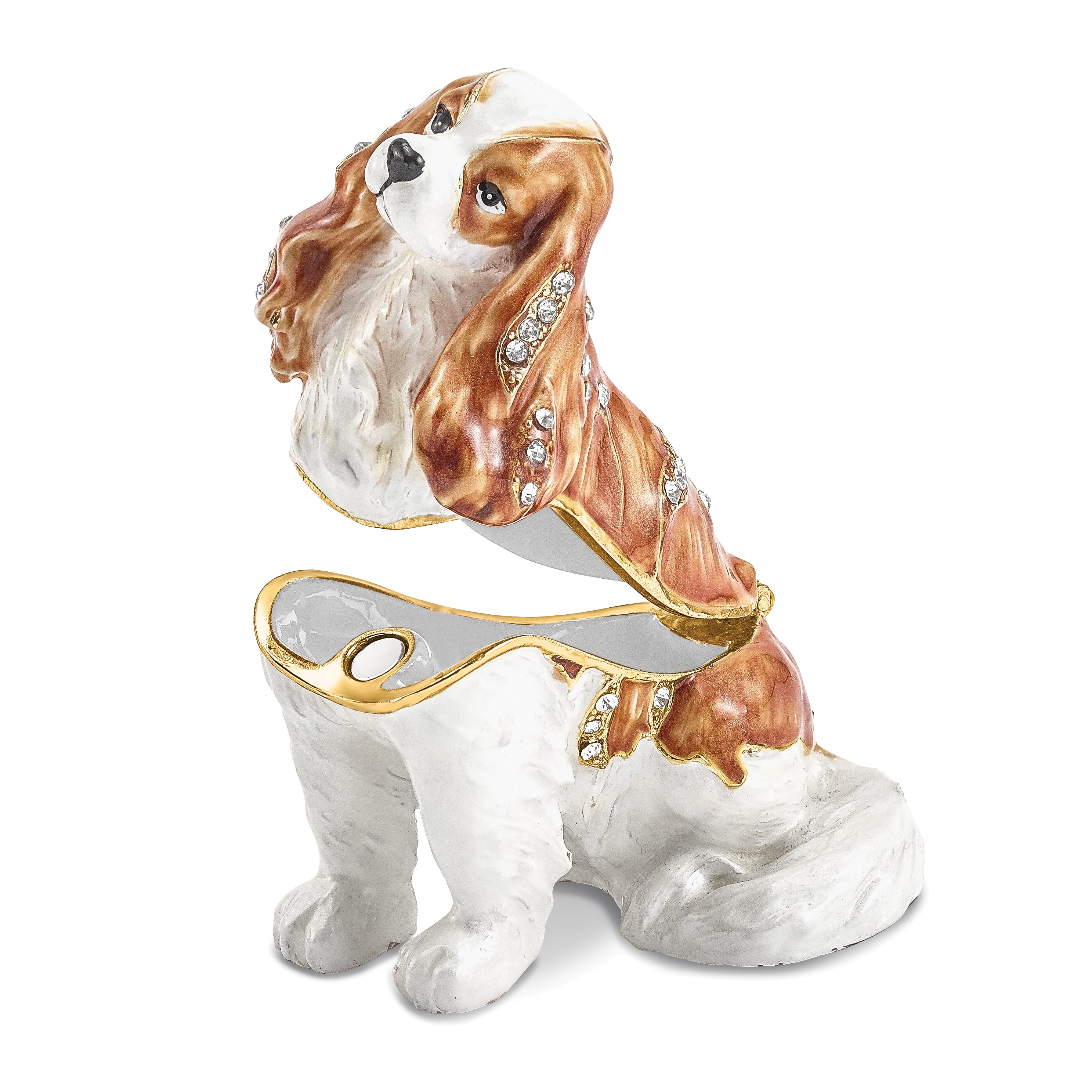 Luxury Giftware Pewter Bejeweled Crystals Gold-tone Enameled HENRIETTA Maria Cavalier King Charles Spaniel Trinket Box with Matching 18 Inch Necklace