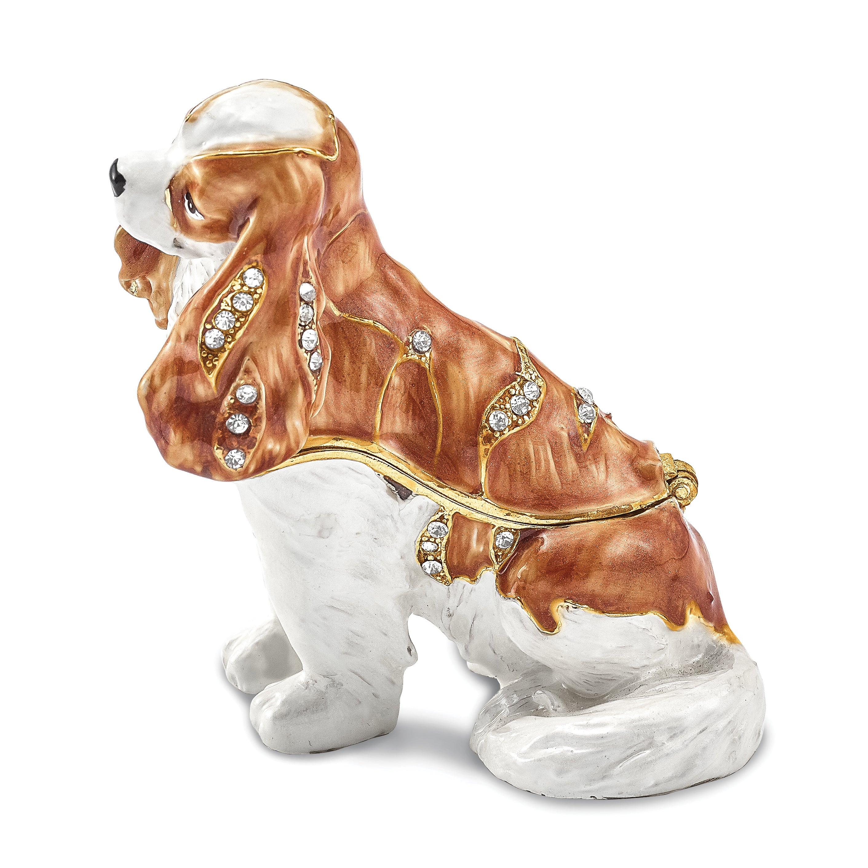 Luxury Giftware Pewter Bejeweled Crystals Gold-tone Enameled HENRIETTA Maria Cavalier King Charles Spaniel Trinket Box with Matching 18 Inch Necklace