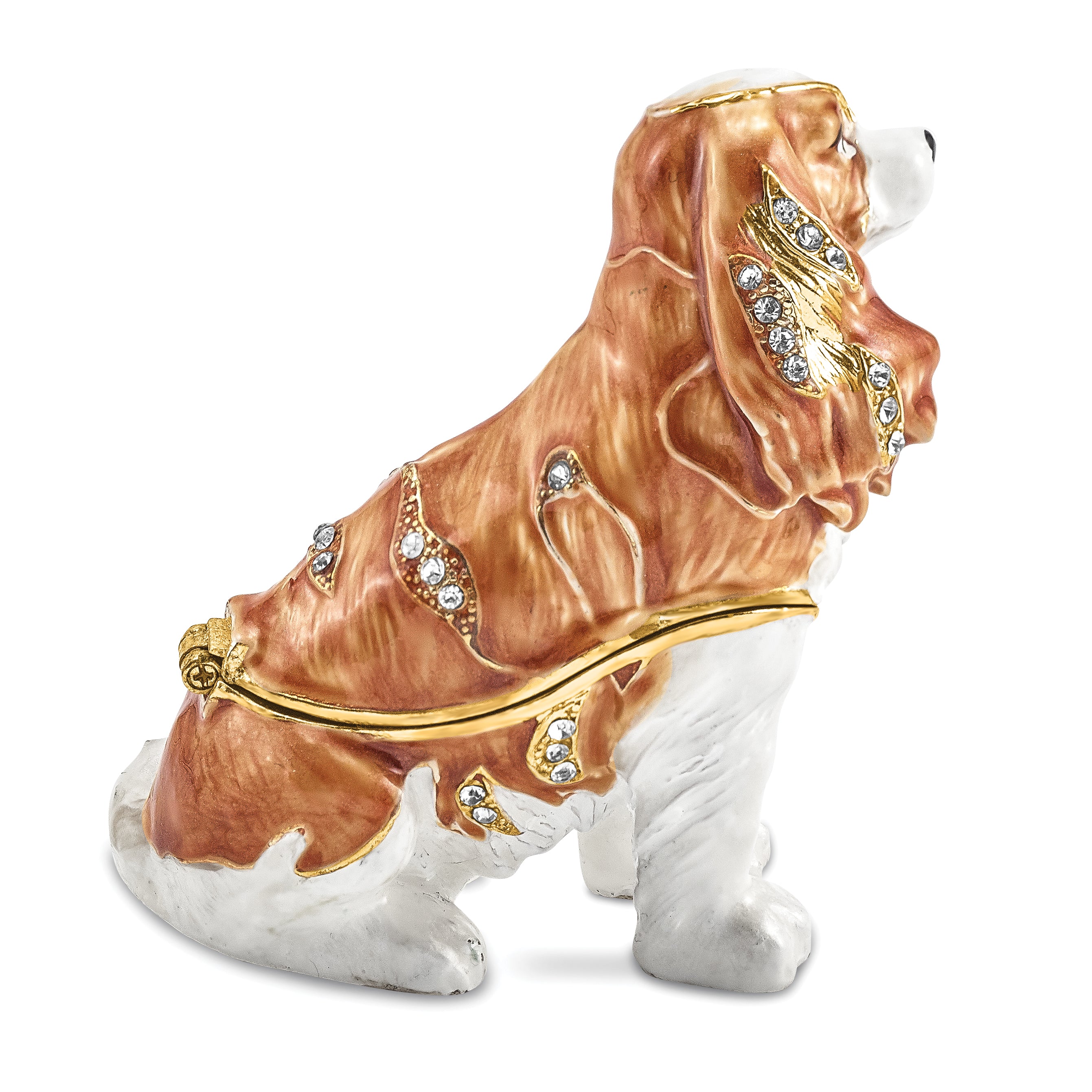 Luxury Giftware Pewter Bejeweled Crystals Gold-tone Enameled HENRIETTA Maria Cavalier King Charles Spaniel Trinket Box with Matching 18 Inch Necklace