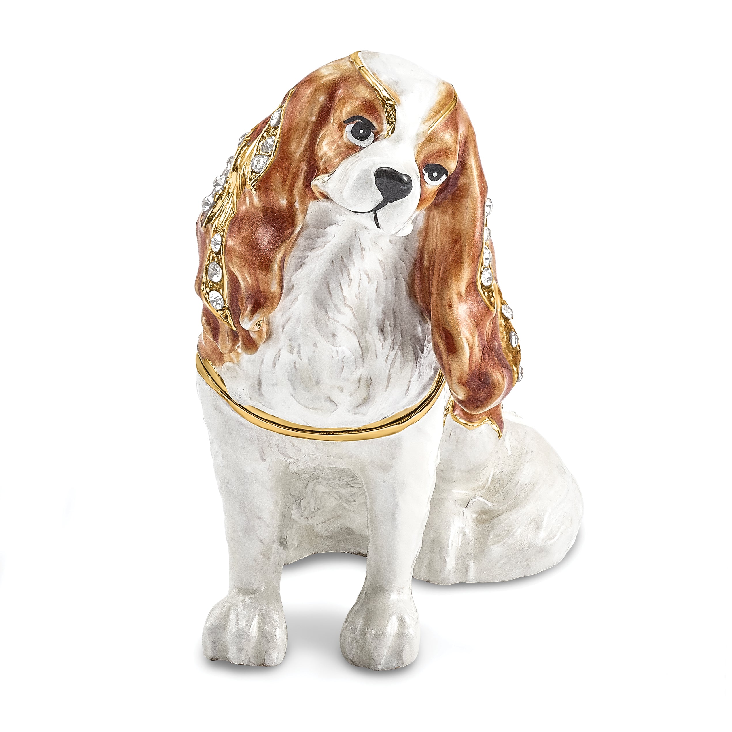 Luxury Giftware Pewter Bejeweled Crystals Gold-tone Enameled HENRIETTA Maria Cavalier King Charles Spaniel Trinket Box with Matching 18 Inch Necklace