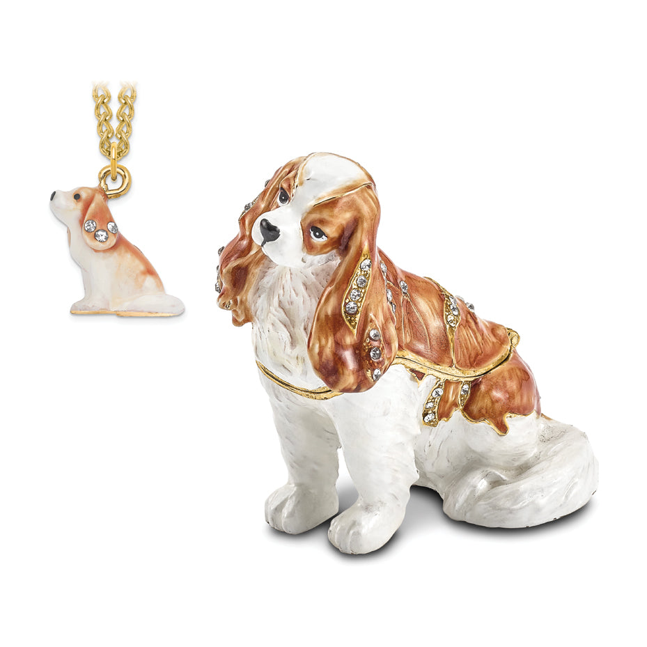 Luxury Giftware Pewter Bejeweled Crystals Gold-tone Enameled HENRIETTA Maria Cavalier King Charles Spaniel Trinket Box with Matching 18 Inch Necklace