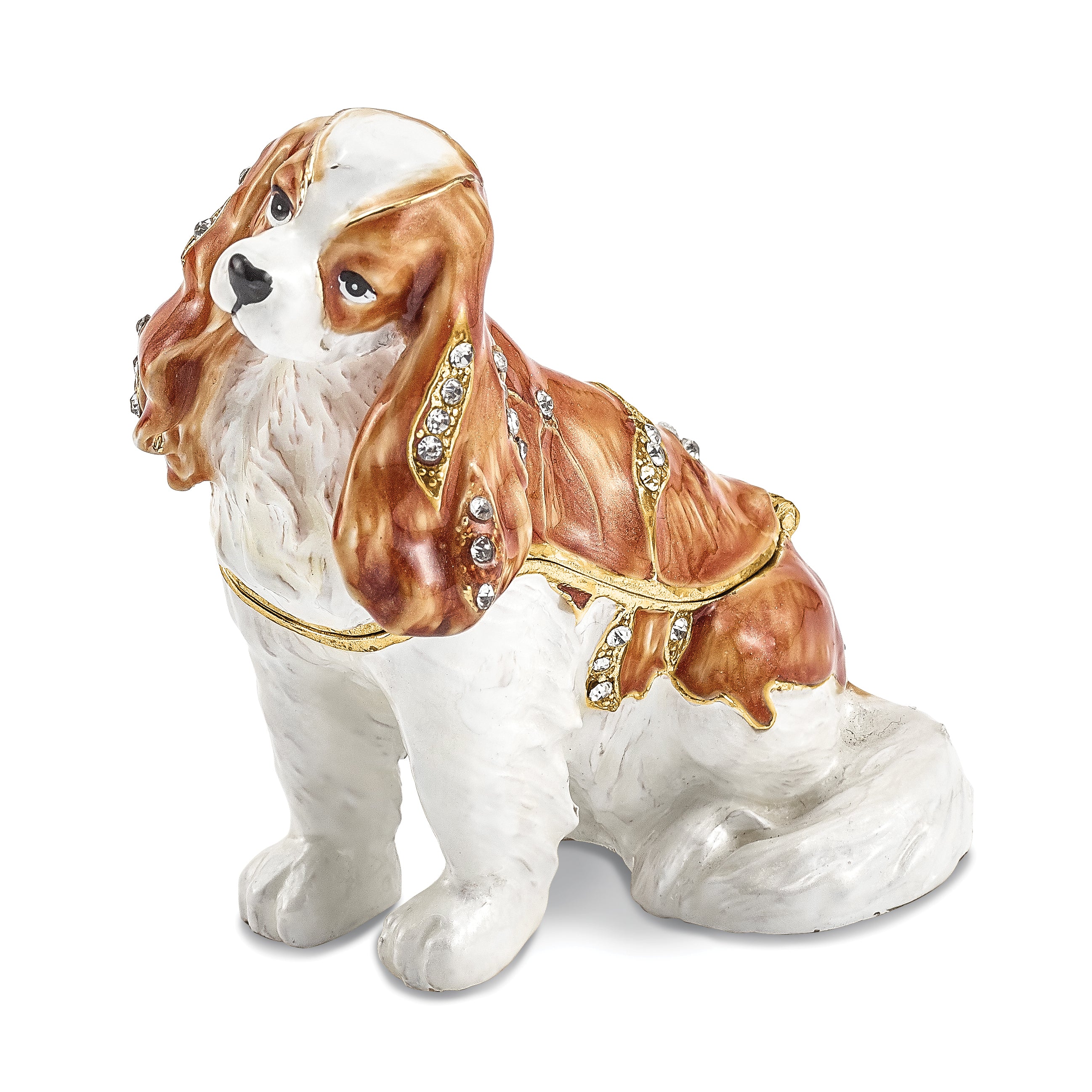 Luxury Giftware Pewter Bejeweled Crystals Gold-tone Enameled HENRIETTA Maria Cavalier King Charles Spaniel Trinket Box with Matching 18 Inch Necklace