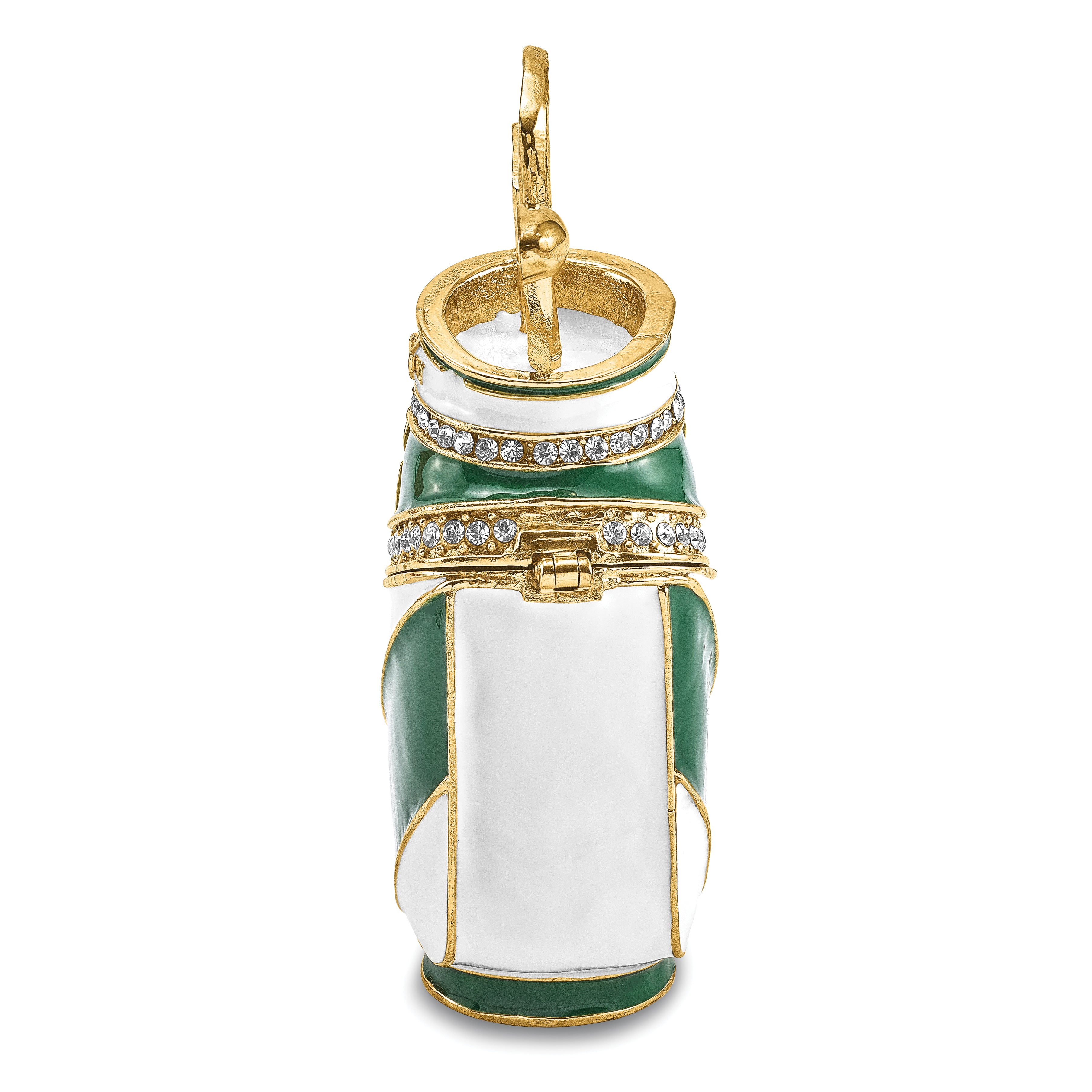 Luxury Giftware Pewter Bejeweled Crystals Gold-tone Enameled GAME OF FORES Golf Bag Trinket Box with Matching 18 Inch Necklace