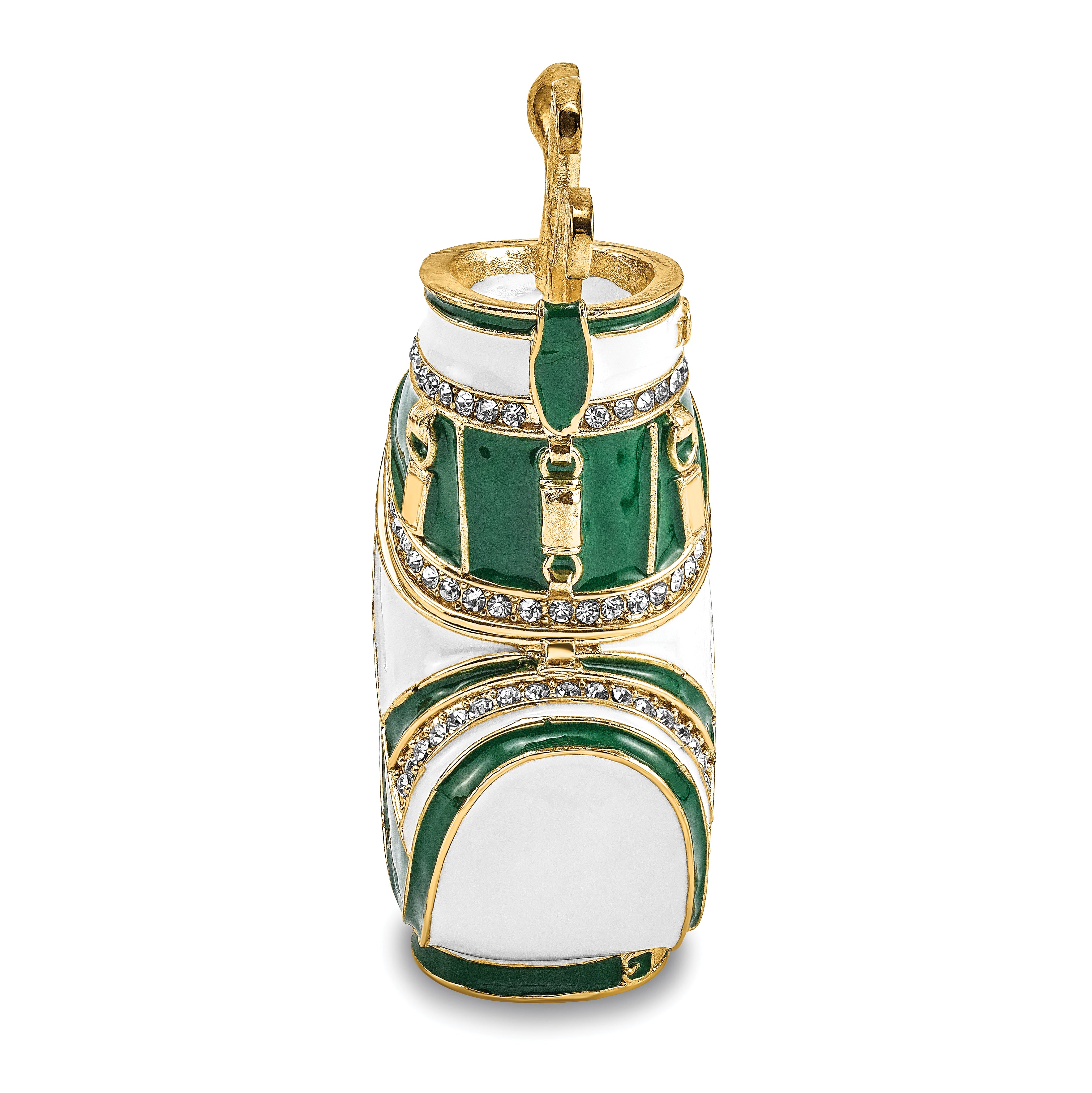 Luxury Giftware Pewter Bejeweled Crystals Gold-tone Enameled GAME OF FORES Golf Bag Trinket Box with Matching 18 Inch Necklace