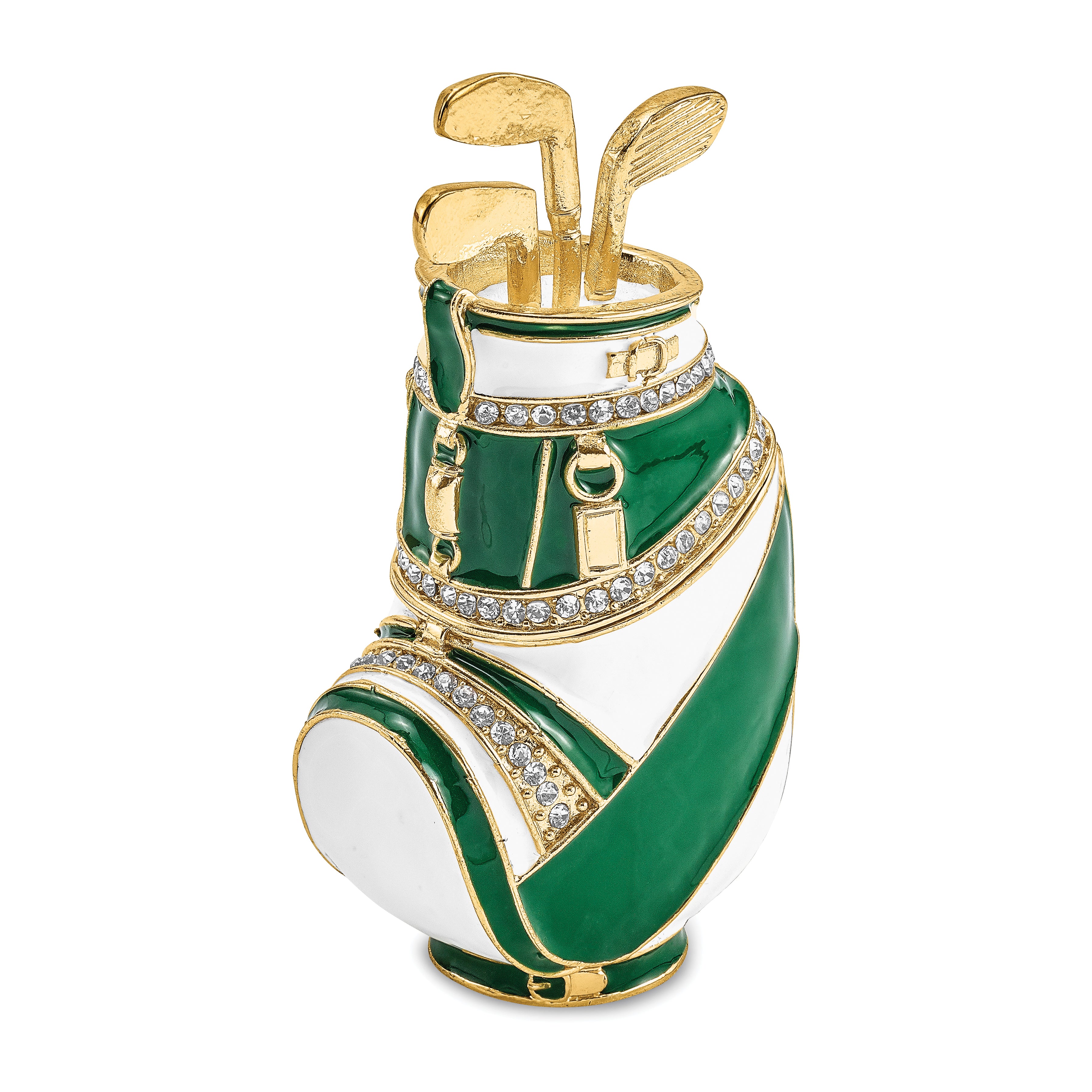 Luxury Giftware Pewter Bejeweled Crystals Gold-tone Enameled GAME OF FORES Golf Bag Trinket Box with Matching 18 Inch Necklace