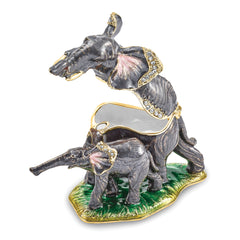 Luxury Giftware Pewter Bejeweled Crystals Gold-tone Enameled ELLA & ELI Mom & Baby Elephant Trinket Box with Matching 18 Inch Necklace