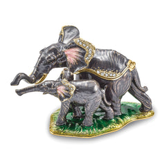 Luxury Giftware Pewter Bejeweled Crystals Gold-tone Enameled ELLA & ELI Mom & Baby Elephant Trinket Box with Matching 18 Inch Necklace