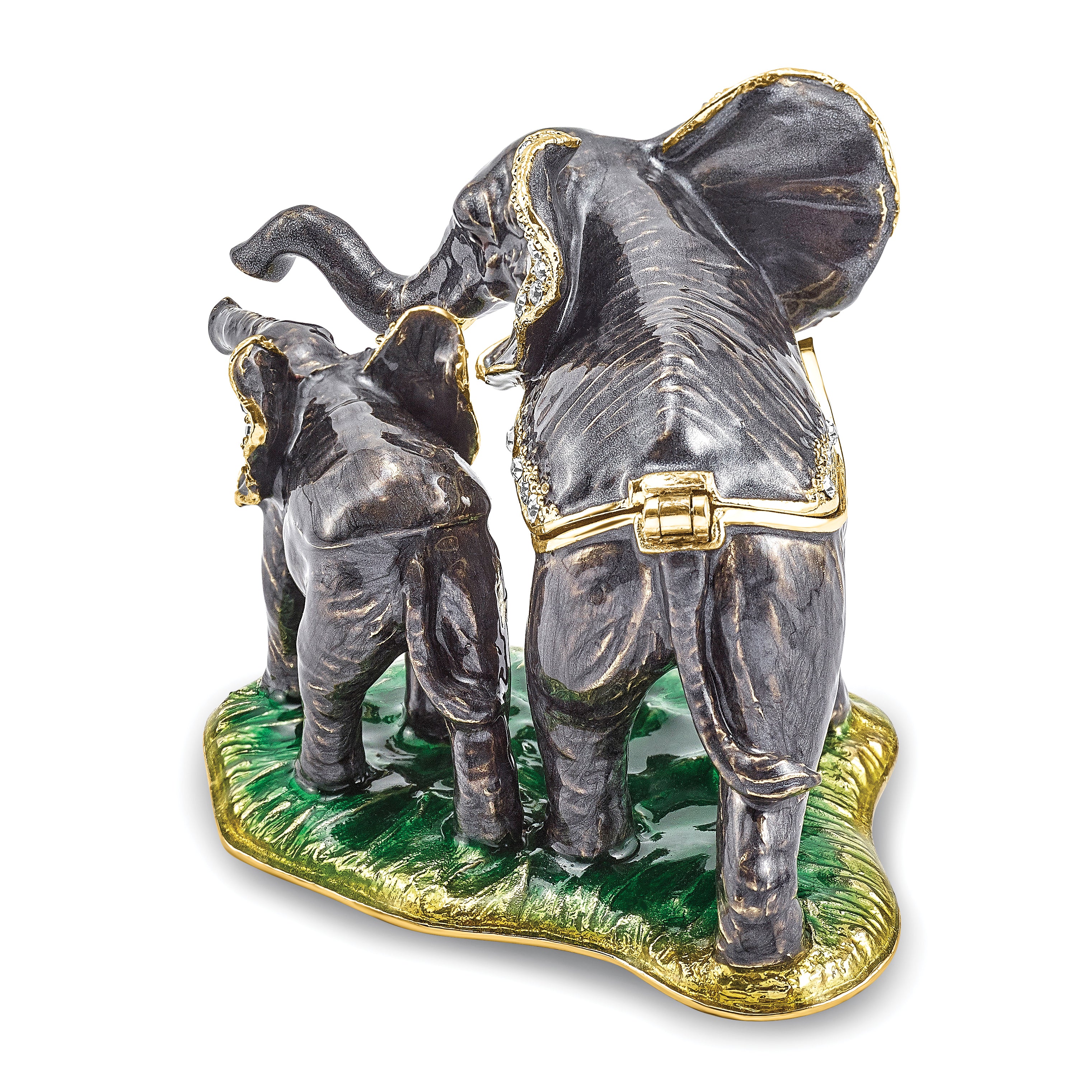 Luxury Giftware Pewter Bejeweled Crystals Gold-tone Enameled ELLA & ELI Mom & Baby Elephant Trinket Box with Matching 18 Inch Necklace