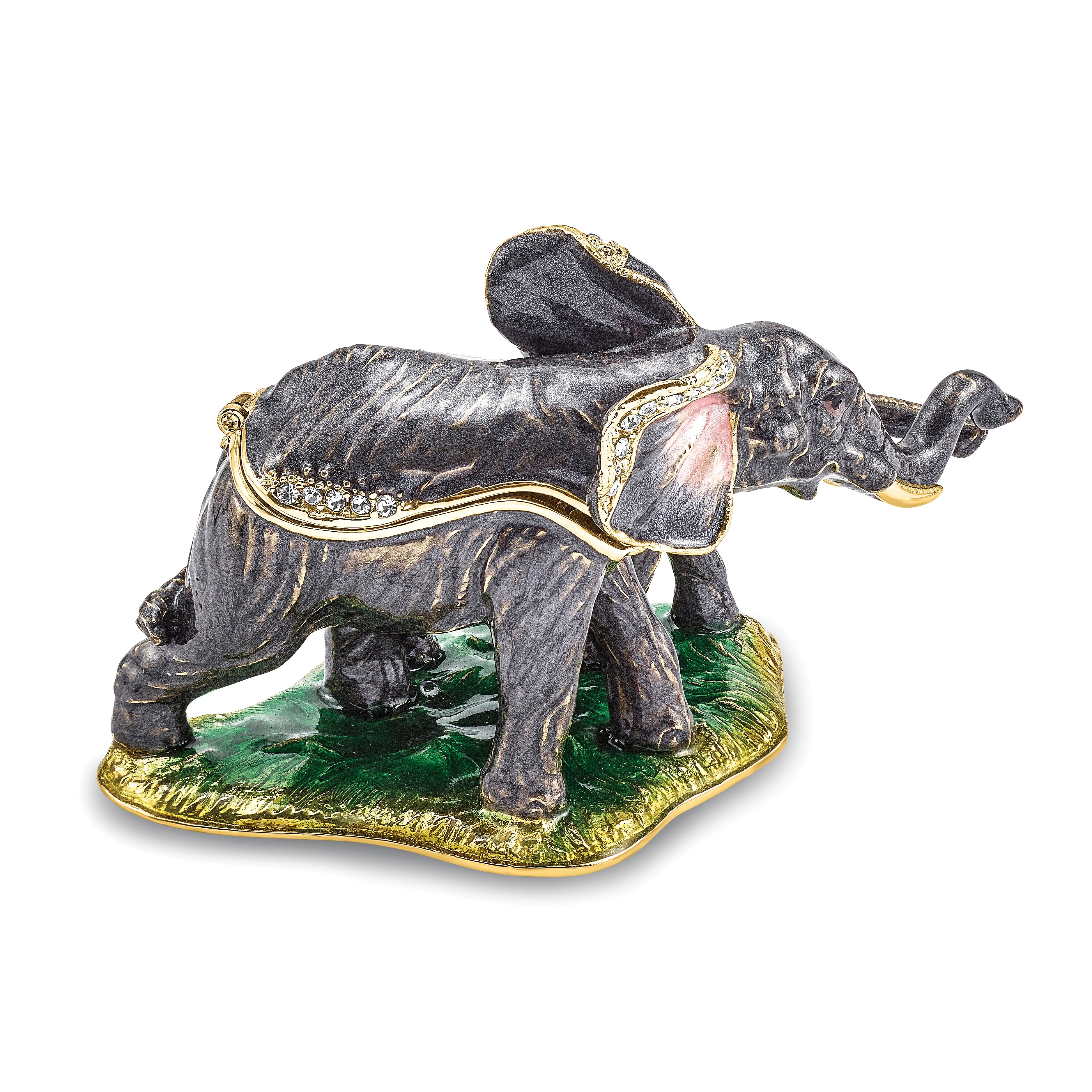 Luxury Giftware Pewter Bejeweled Crystals Gold-tone Enameled ELLA & ELI Mom & Baby Elephant Trinket Box with Matching 18 Inch Necklace