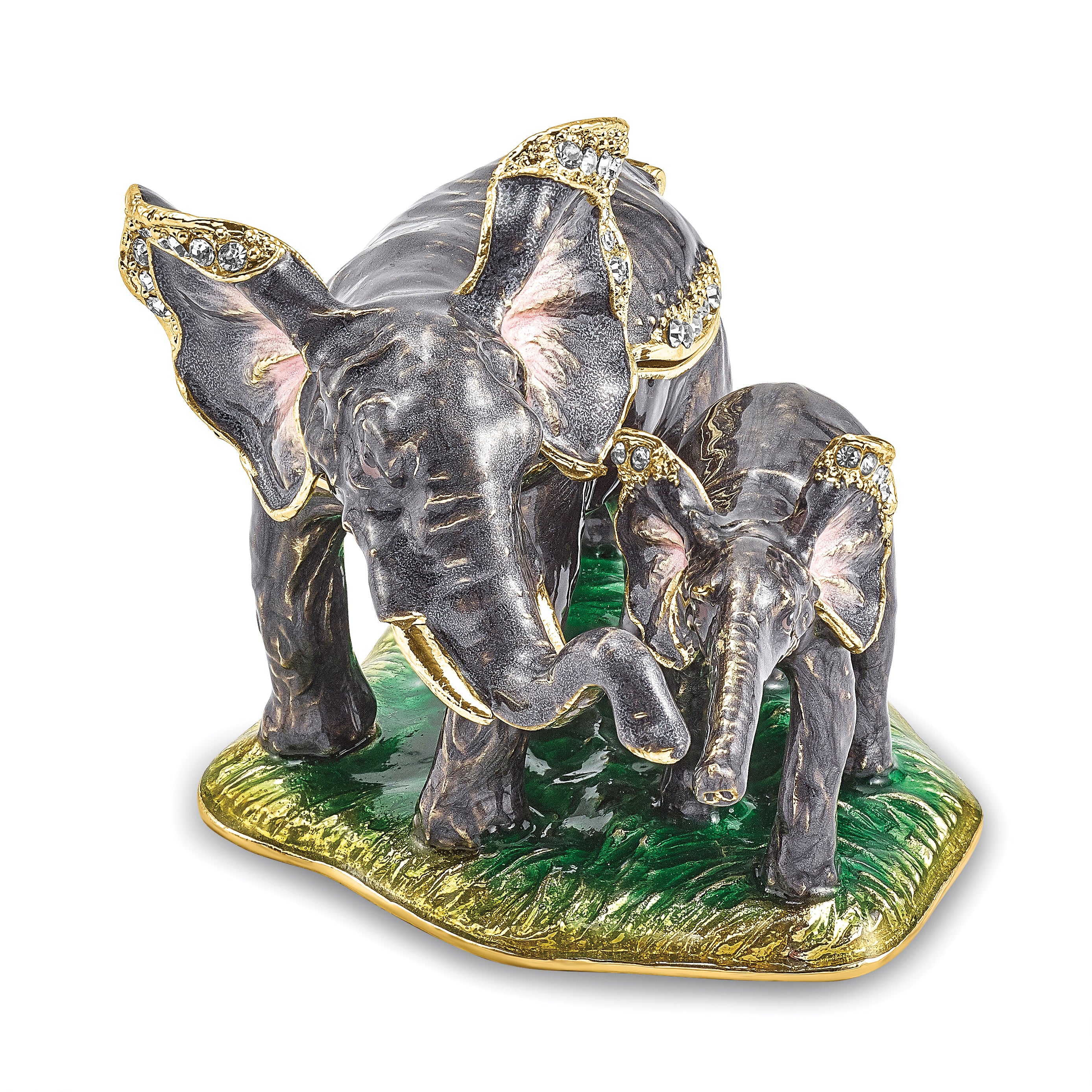 Luxury Giftware Pewter Bejeweled Crystals Gold-tone Enameled ELLA & ELI Mom & Baby Elephant Trinket Box with Matching 18 Inch Necklace