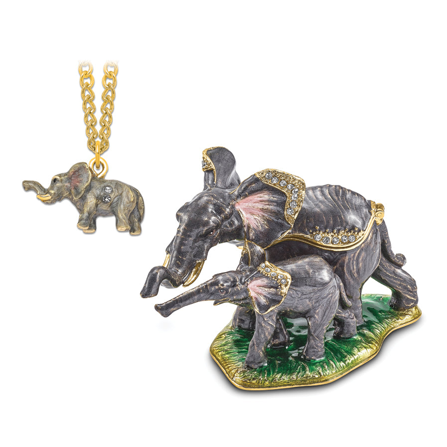 Luxury Giftware Pewter Bejeweled Crystals Gold-tone Enameled ELLA & ELI Mom & Baby Elephant Trinket Box with Matching 18 Inch Necklace