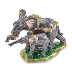 Luxury Giftware Pewter Bejeweled Crystals Gold-tone Enameled ELLA & ELI Mom & Baby Elephant Trinket Box with Matching 18 Inch Necklace