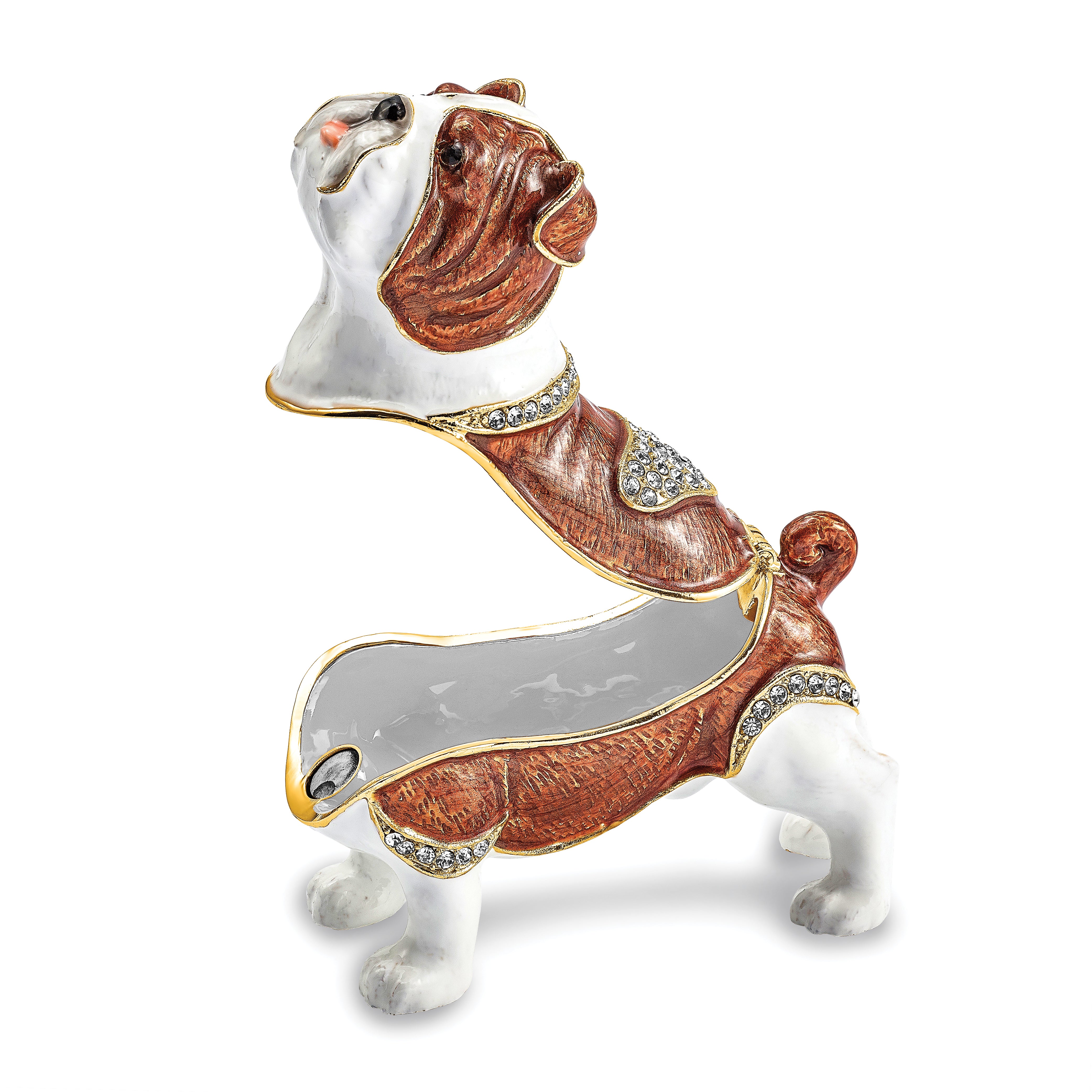 Luxury Giftware Pewter Bejeweled Crystals Gold-tone Enameled MAC English Bulldog Trinket Box with Matching 18 Inch Necklace