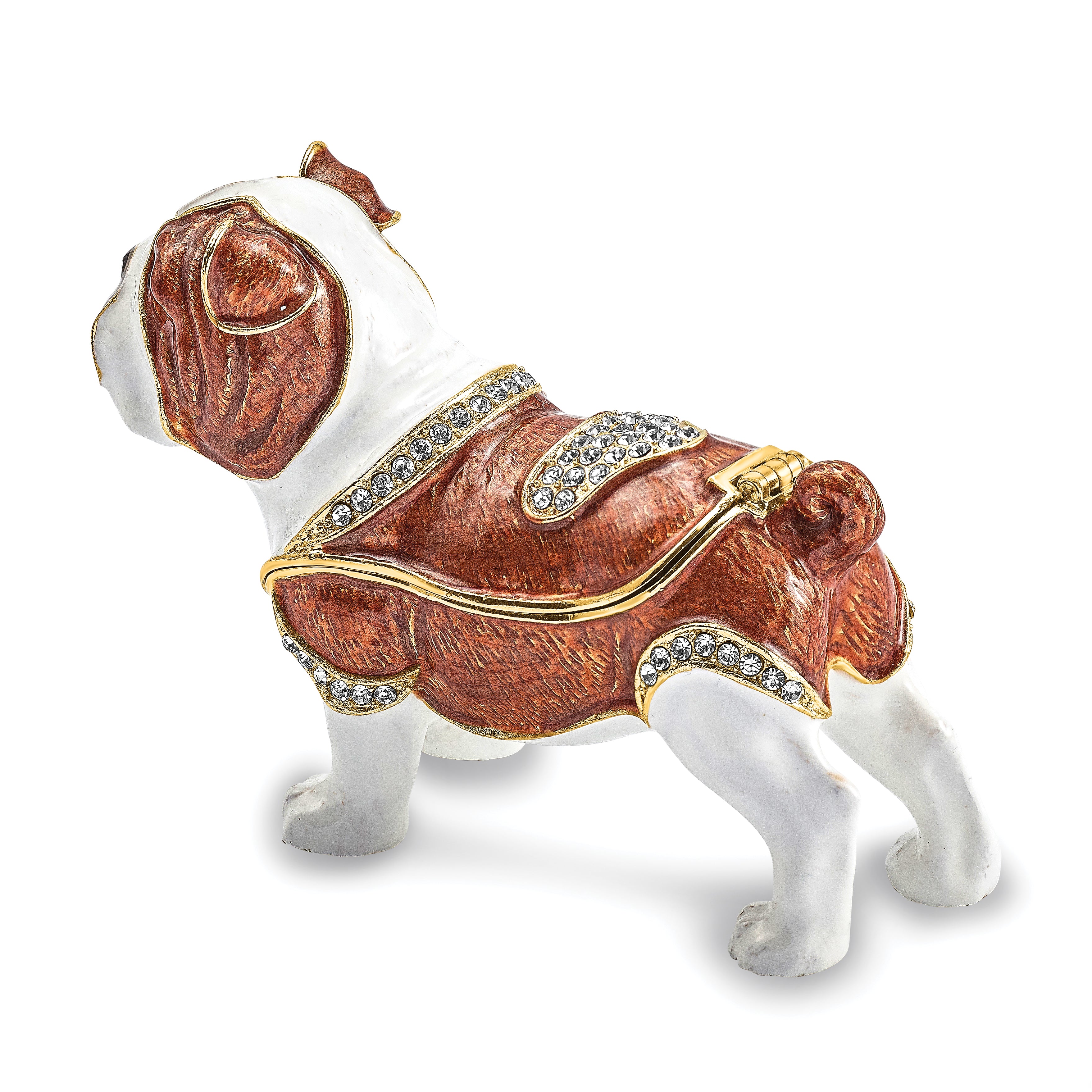 Luxury Giftware Pewter Bejeweled Crystals Gold-tone Enameled MAC English Bulldog Trinket Box with Matching 18 Inch Necklace