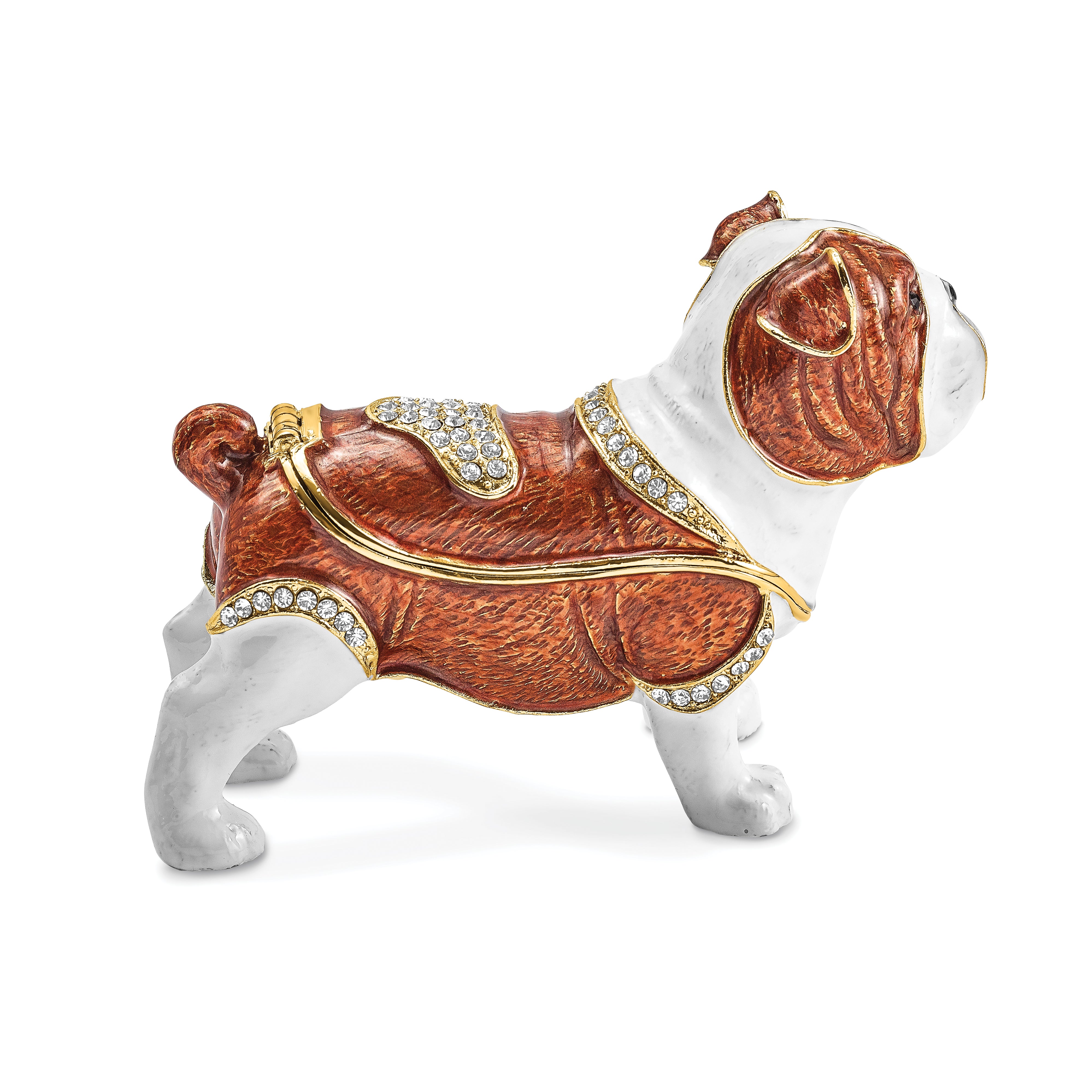 Luxury Giftware Pewter Bejeweled Crystals Gold-tone Enameled MAC English Bulldog Trinket Box with Matching 18 Inch Necklace