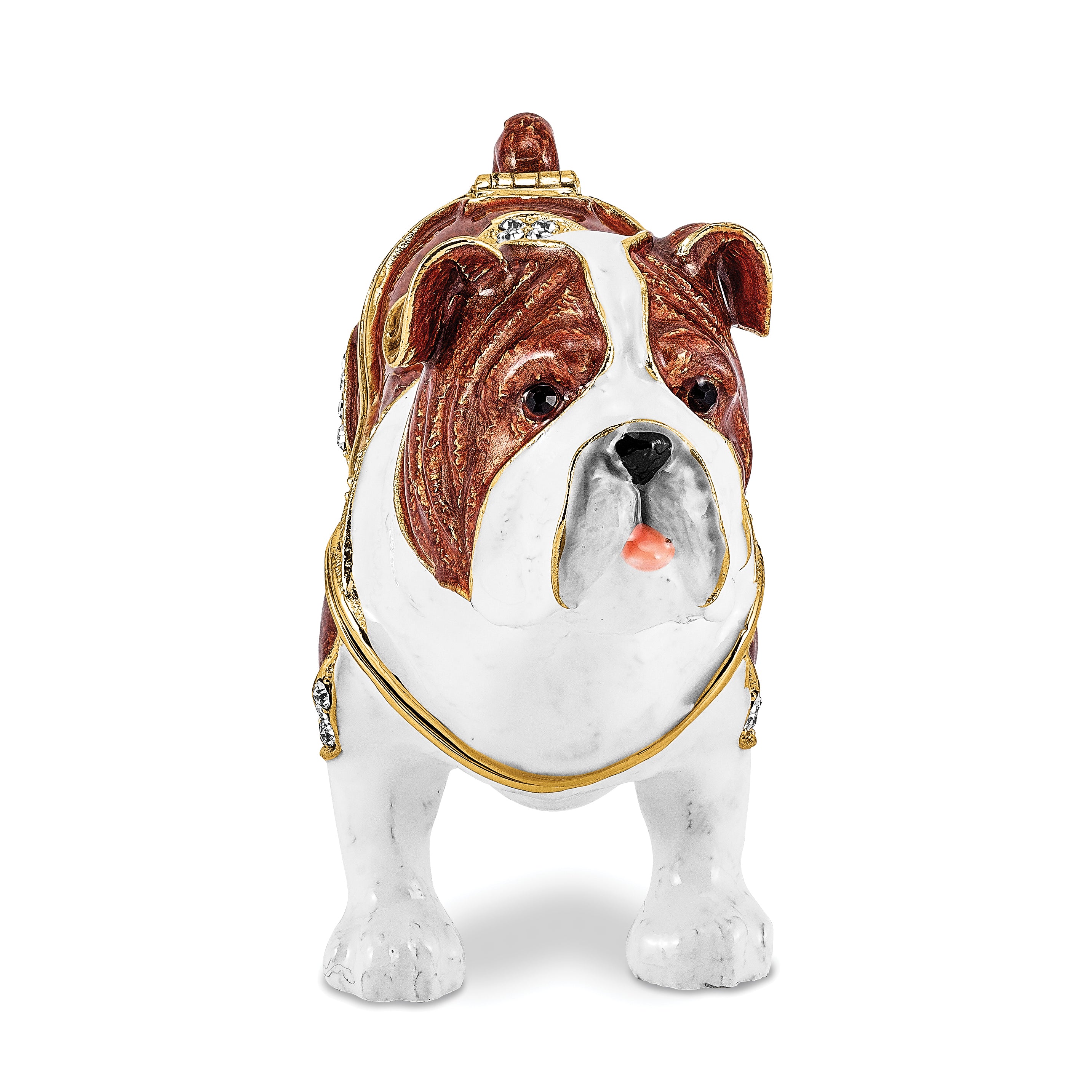 Luxury Giftware Pewter Bejeweled Crystals Gold-tone Enameled MAC English Bulldog Trinket Box with Matching 18 Inch Necklace