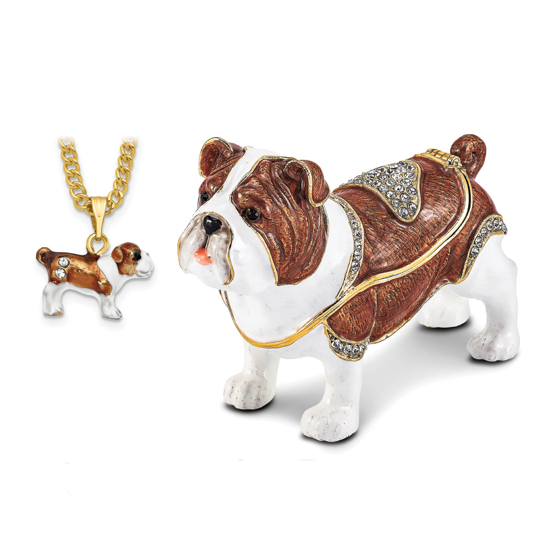 Luxury Giftware Pewter Bejeweled Crystals Gold-tone Enameled MAC English Bulldog Trinket Box with Matching 18 Inch Necklace