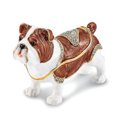 Luxury Giftware Pewter Bejeweled Crystals Gold-tone Enameled MAC English Bulldog Trinket Box with Matching 18 Inch Necklace