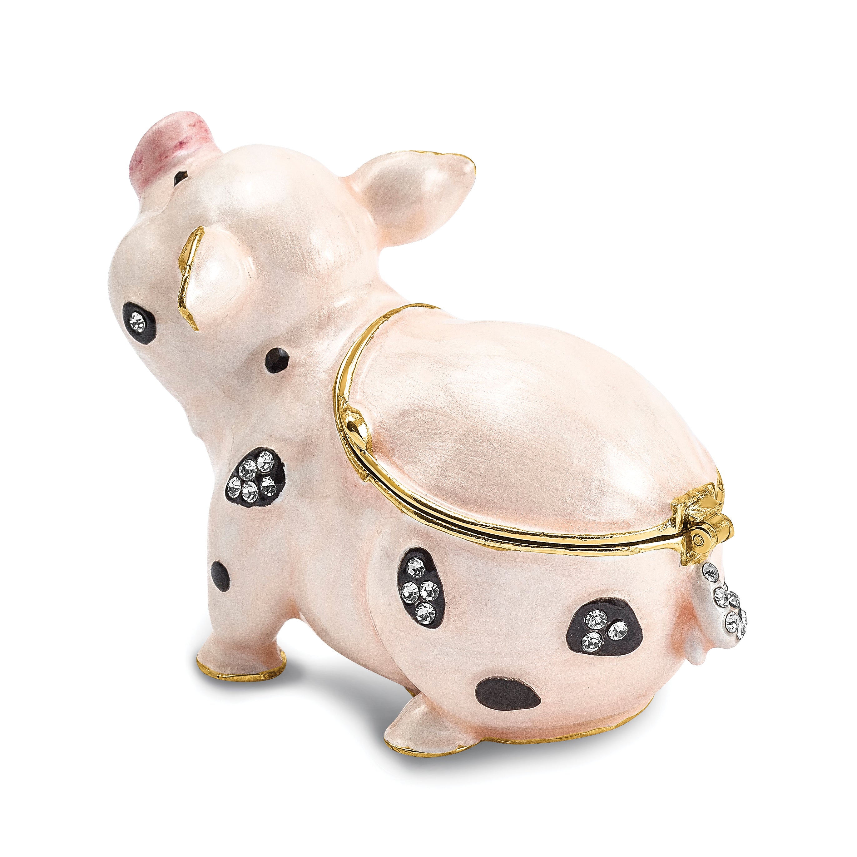 Luxury Giftware Pewter Bejeweled Crystals Gold-tone Enameled PETUNIA Spotted Pig Trinket Box with Matching 18 Inch Necklace