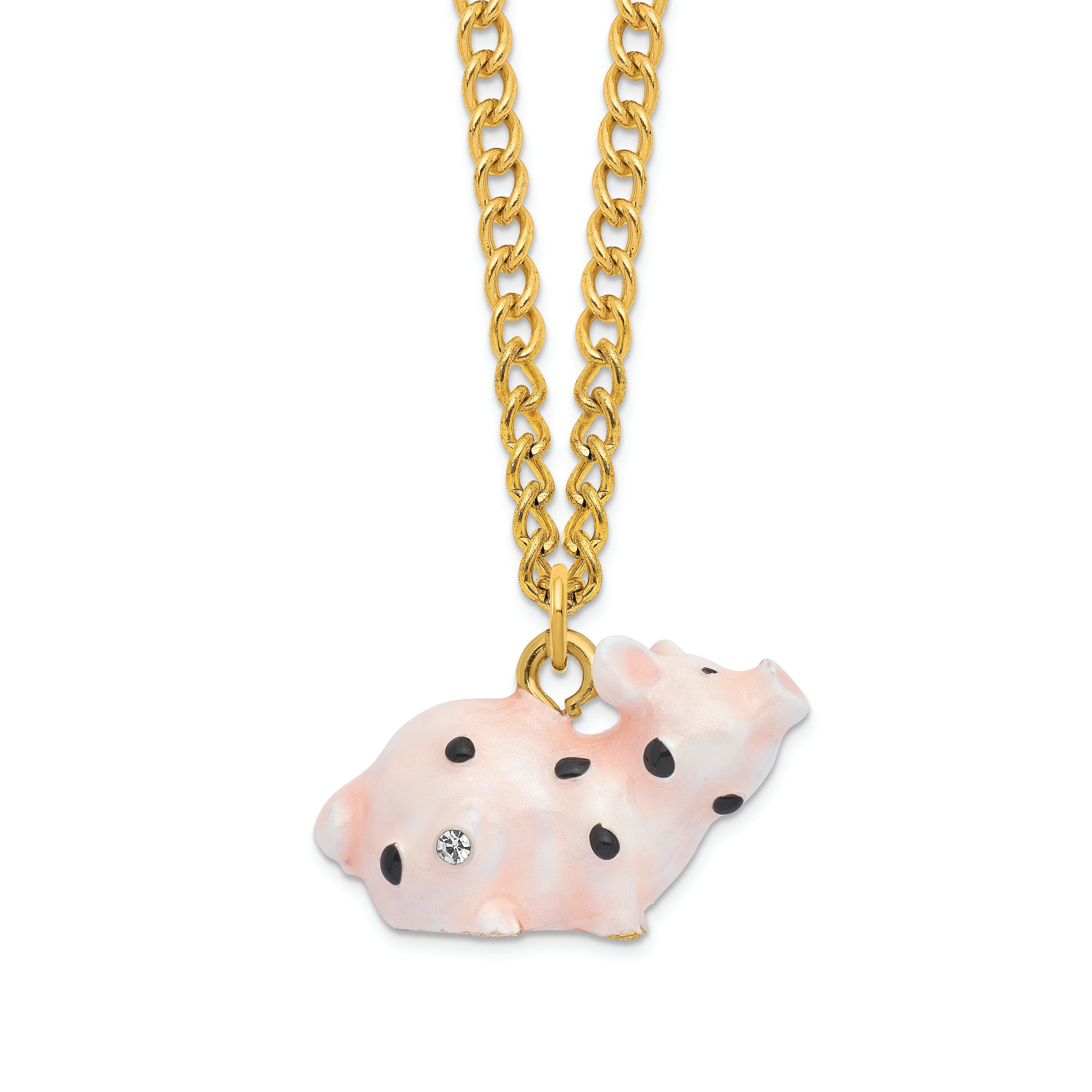 Luxury Giftware Pewter Bejeweled Crystals Gold-tone Enameled PETUNIA Spotted Pig Trinket Box with Matching 18 Inch Necklace