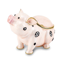 Luxury Giftware Pewter Bejeweled Crystals Gold-tone Enameled PETUNIA Spotted Pig Trinket Box with Matching 18 Inch Necklace