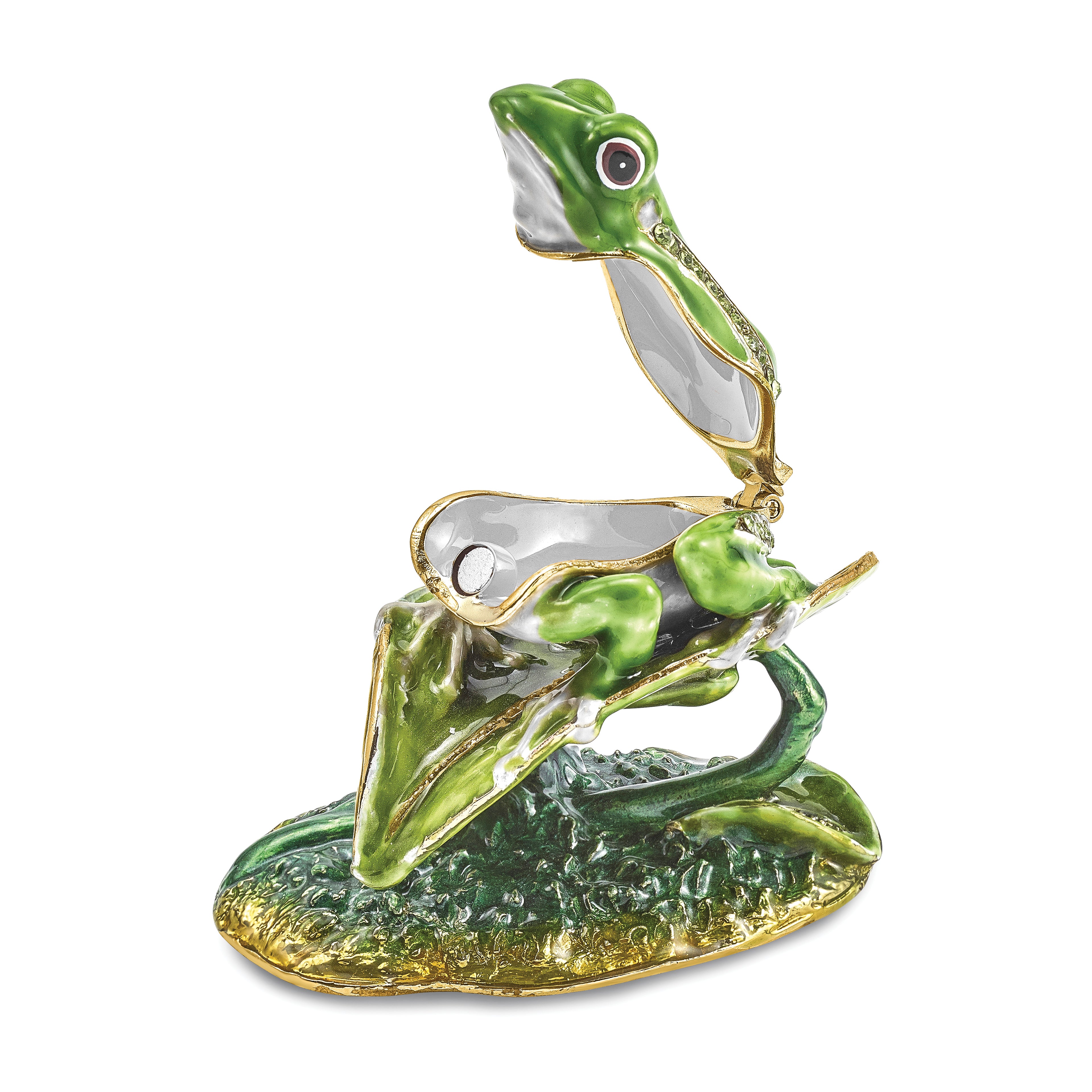 Luxury Giftware Pewter Bejeweled Crystals Gold-tone Enameled LILLY Frog on Lily Pad Trinket Box with Matching 18 Inch Necklace