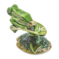 Luxury Giftware Pewter Bejeweled Crystals Gold-tone Enameled LILLY Frog on Lily Pad Trinket Box with Matching 18 Inch Necklace