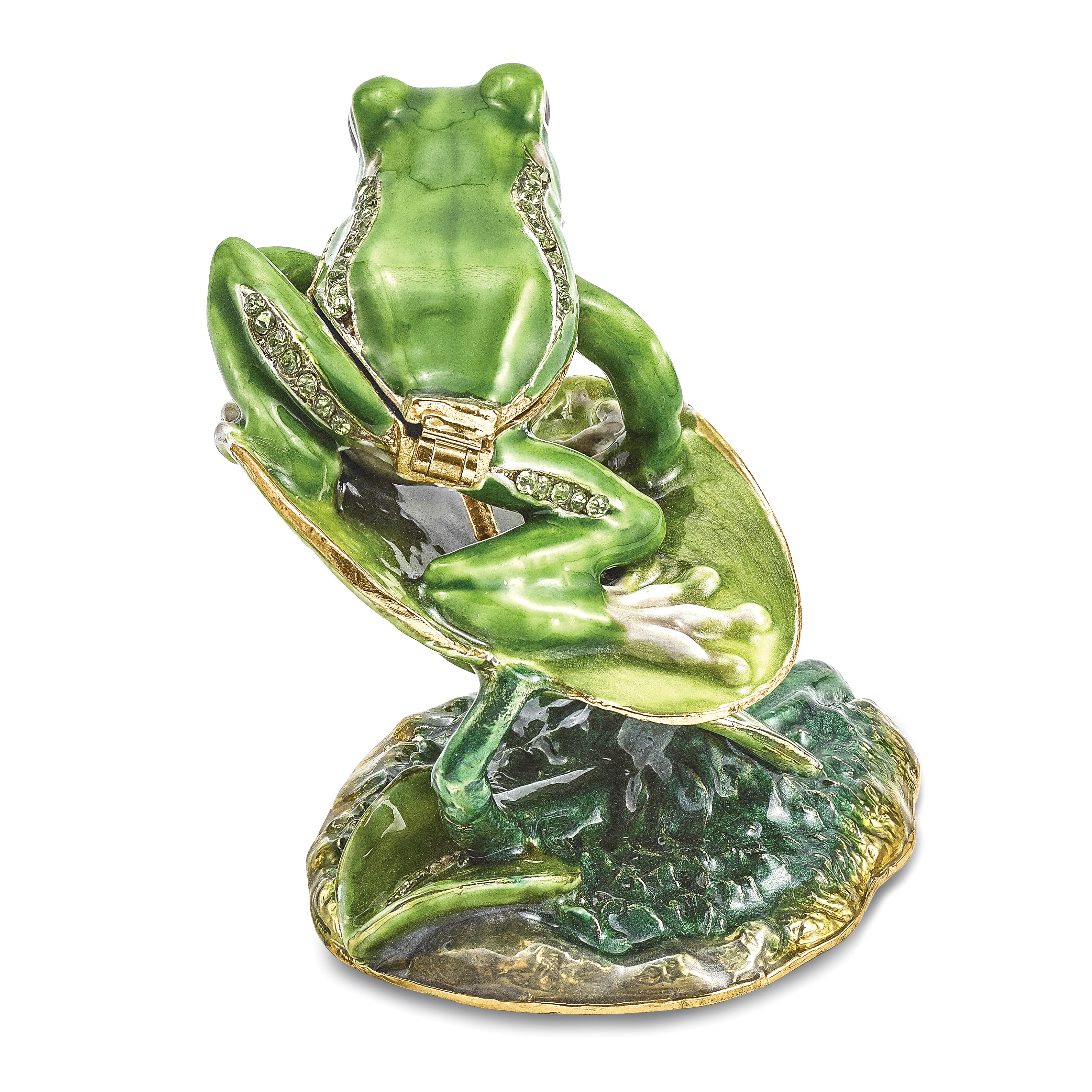 Luxury Giftware Pewter Bejeweled Crystals Gold-tone Enameled LILLY Frog on Lily Pad Trinket Box with Matching 18 Inch Necklace