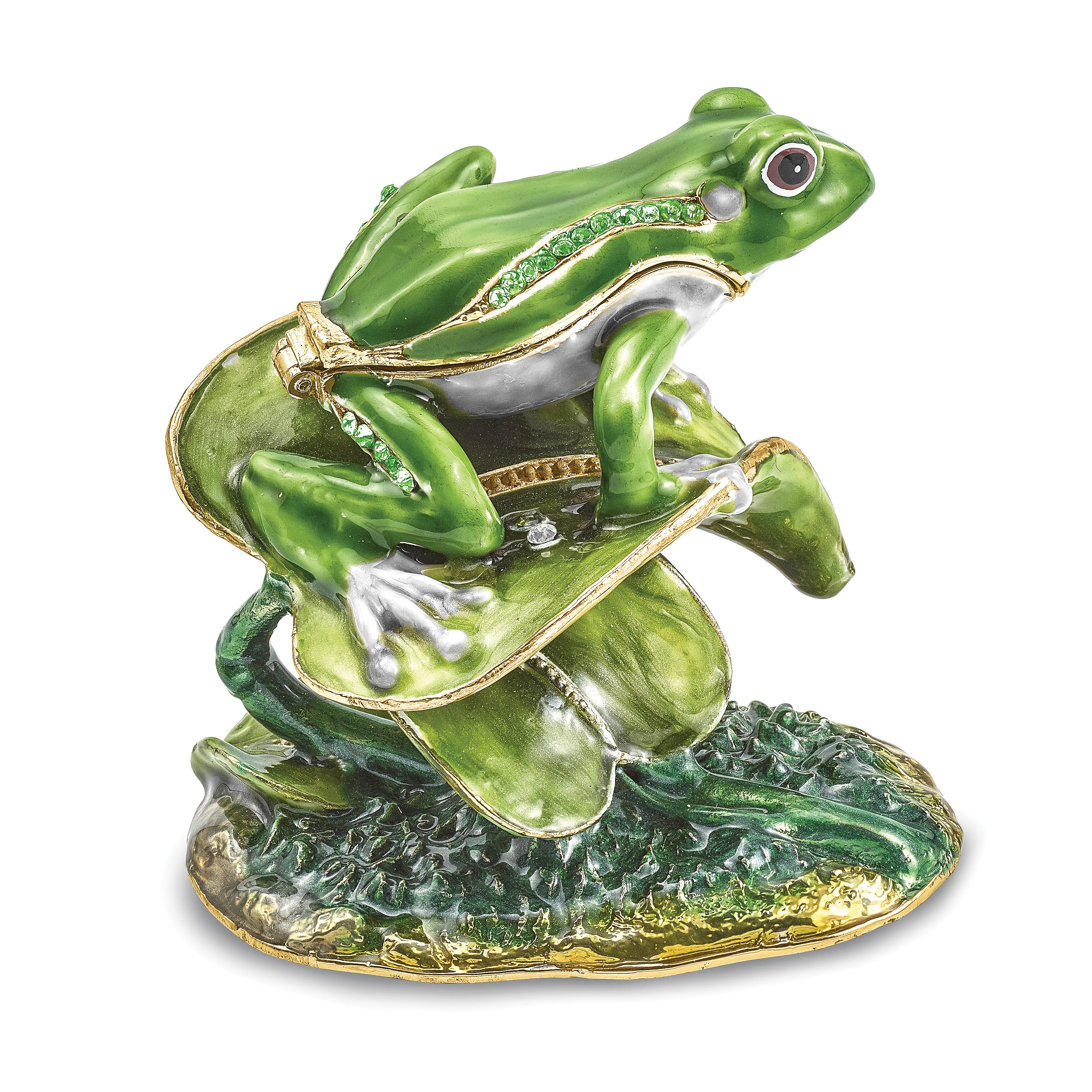 Luxury Giftware Pewter Bejeweled Crystals Gold-tone Enameled LILLY Frog on Lily Pad Trinket Box with Matching 18 Inch Necklace