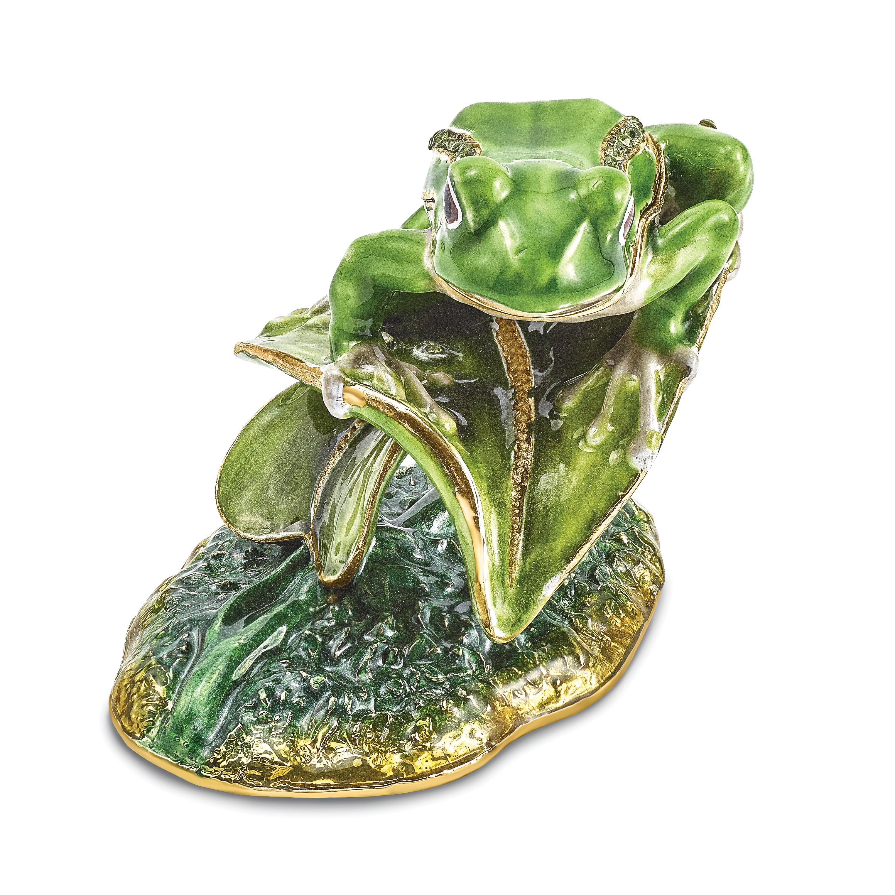 Luxury Giftware Pewter Bejeweled Crystals Gold-tone Enameled LILLY Frog on Lily Pad Trinket Box with Matching 18 Inch Necklace