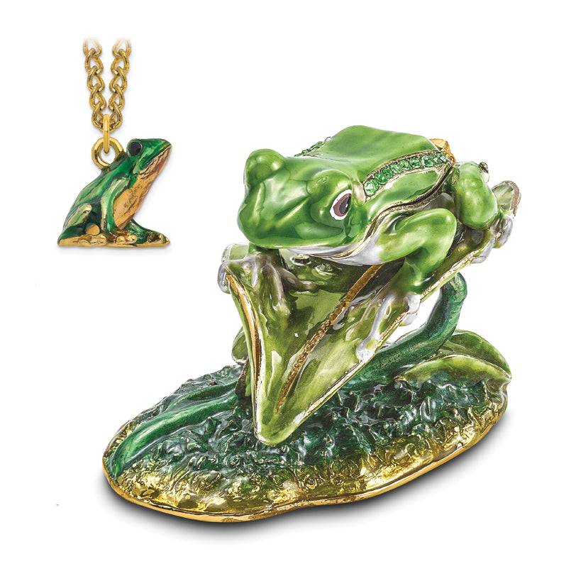 Luxury Giftware Pewter Bejeweled Crystals Gold-tone Enameled LILLY Frog on Lily Pad Trinket Box with Matching 18 Inch Necklace