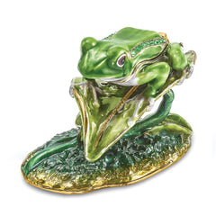 Luxury Giftware Pewter Bejeweled Crystals Gold-tone Enameled LILLY Frog on Lily Pad Trinket Box with Matching 18 Inch Necklace