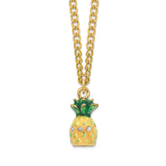 Luxury Giftware Pewter Bejeweled Crystals Gold-tone Enameled GOOD VIBES Golden Pineapple Trinket Box with Matching 18 Inch Necklace