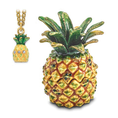 Luxury Giftware Pewter Bejeweled Crystals Gold-tone Enameled GOOD VIBES Golden Pineapple Trinket Box with Matching 18 Inch Necklace