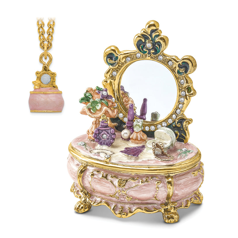 Luxury Giftware Pewter Bejeweled Crystals Gold-tone Enameled VANITY Dressing & Makeup Table Trinket Box with Matching 18 Inch Necklace