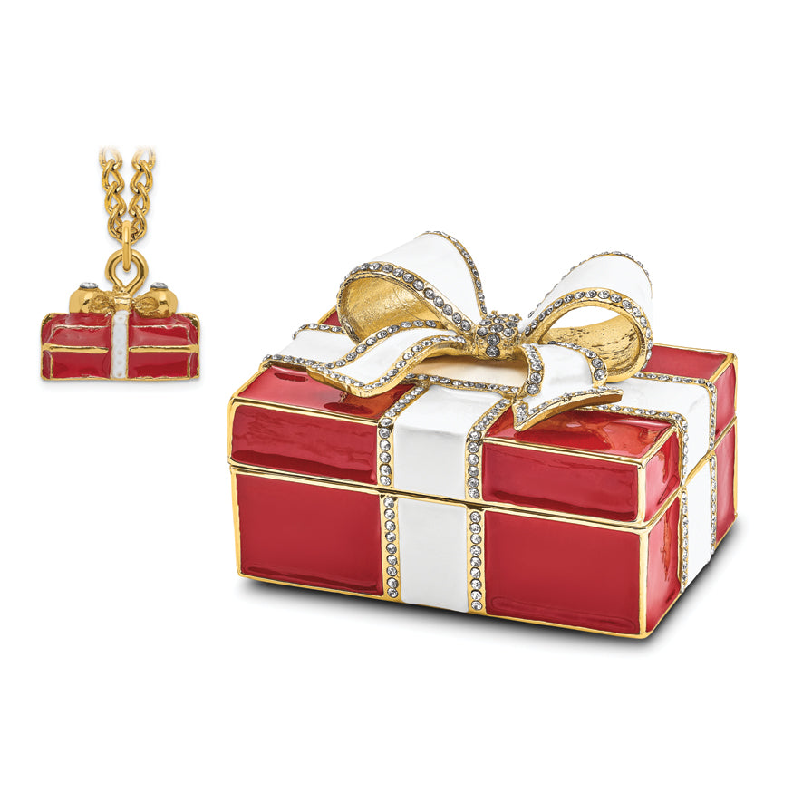 Luxury Giftware Pewter Bejeweled Crystals Gold-tone Enameled DESIRE Red Gift Box w/Ring Pad Trinket Box with Matching 18 Inch Necklace