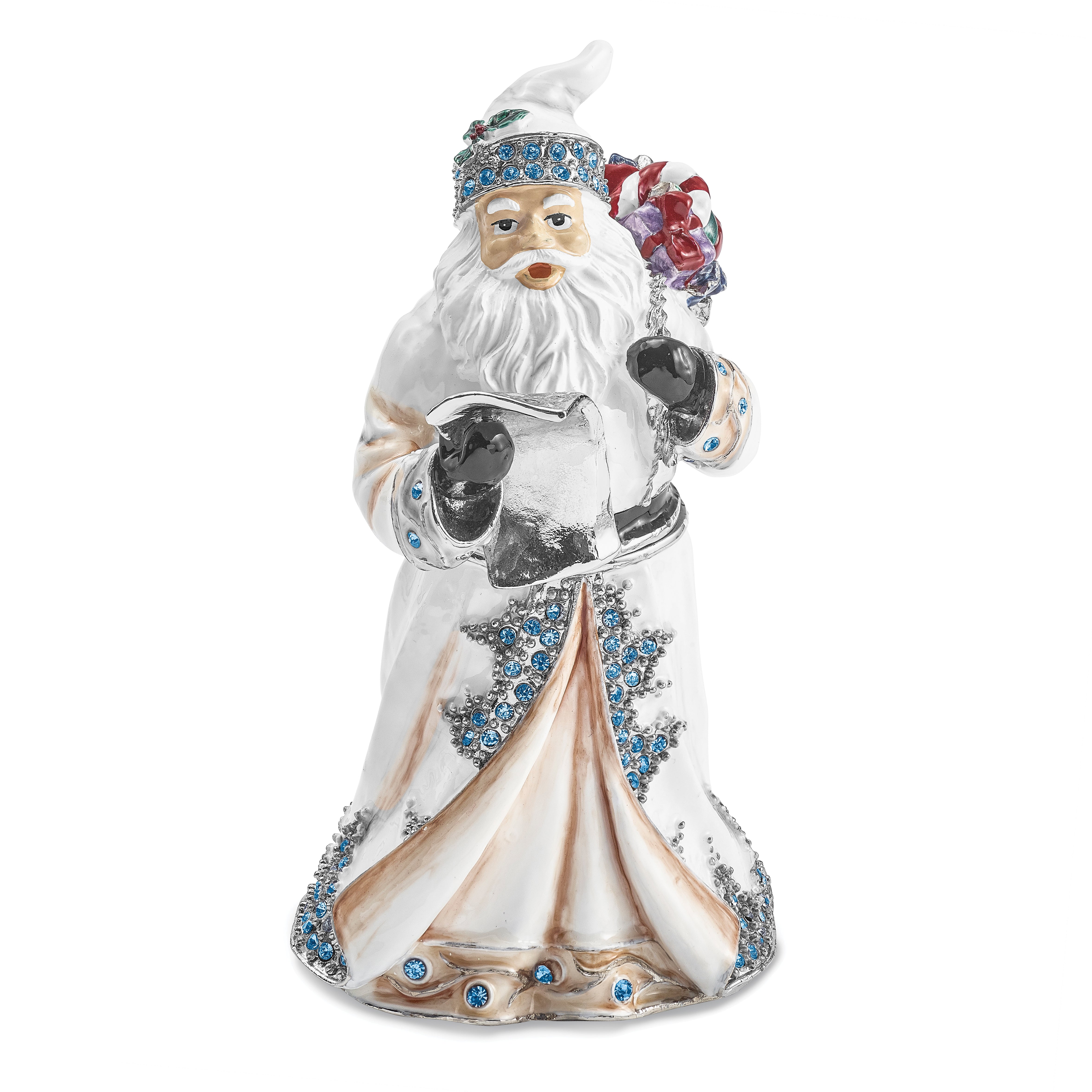 Luxury Giftware Pewter Bejeweled Crystals Siver-tone Enameled ST. NICHOLAS SINTERKLAAS White Santa Trinket Box with Matching 18 Inch Necklace