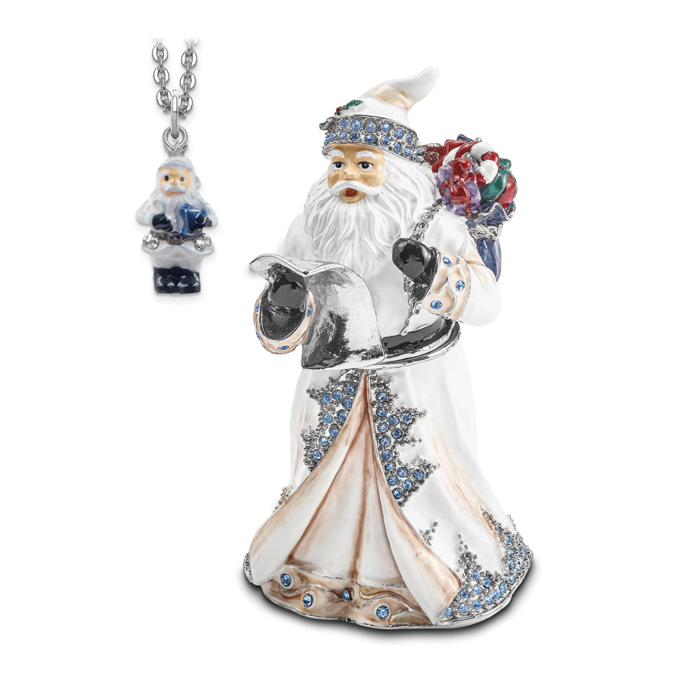 Luxury Giftware Pewter Bejeweled Crystals Siver-tone Enameled ST. NICHOLAS SINTERKLAAS White Santa Trinket Box with Matching 18 Inch Necklace