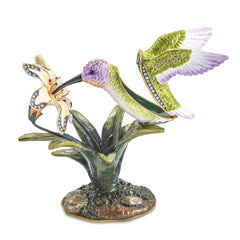 Luxury Giftware Pewter Bejeweled Crystals Gold-tone Enameled VIOLA Hummingbird & Daylily Trinket Box with Matching 18 Inch Necklace