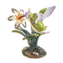 Luxury Giftware Pewter Bejeweled Crystals Gold-tone Enameled VIOLA Hummingbird & Daylily Trinket Box with Matching 18 Inch Necklace