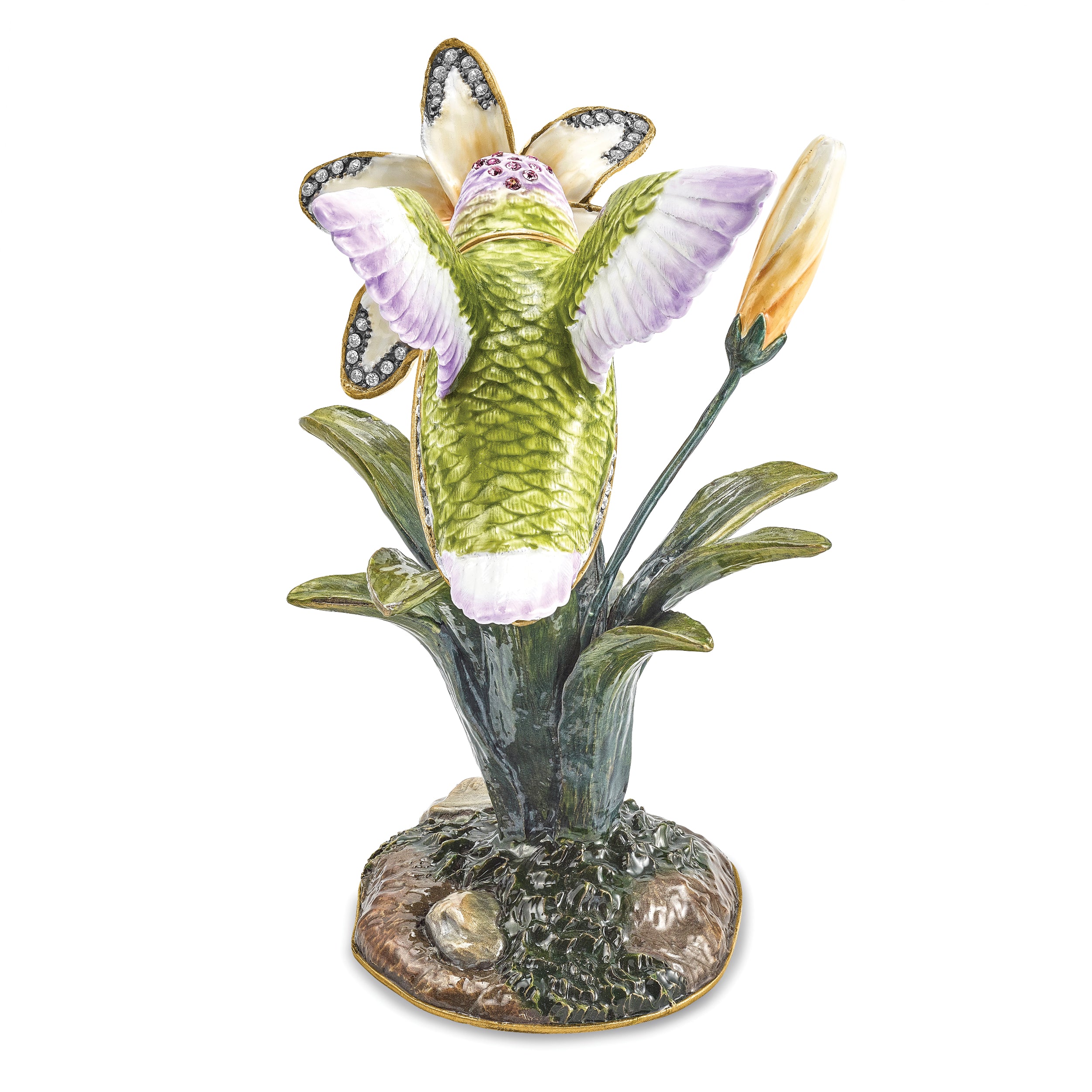 Luxury Giftware Pewter Bejeweled Crystals Gold-tone Enameled VIOLA Hummingbird & Daylily Trinket Box with Matching 18 Inch Necklace