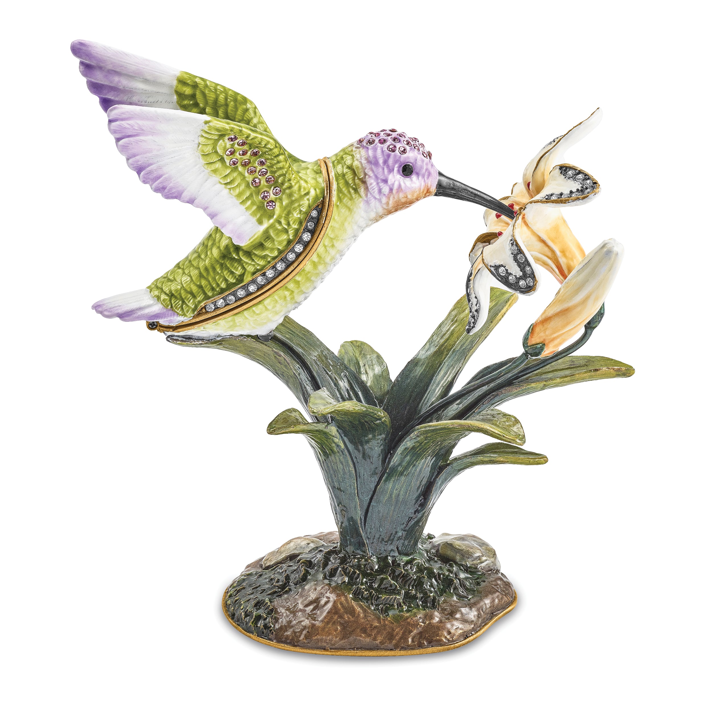 Luxury Giftware Pewter Bejeweled Crystals Gold-tone Enameled VIOLA Hummingbird & Daylily Trinket Box with Matching 18 Inch Necklace