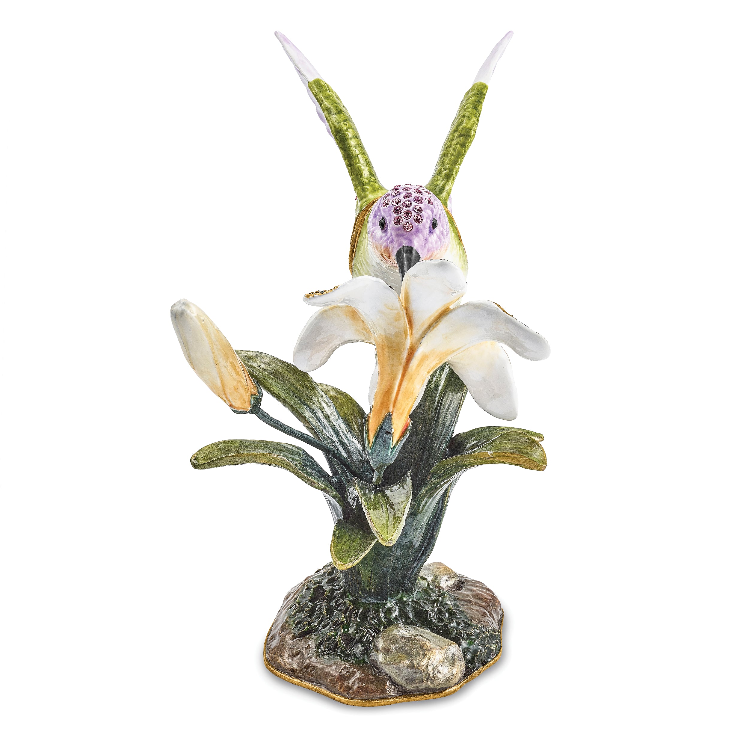 Luxury Giftware Pewter Bejeweled Crystals Gold-tone Enameled VIOLA Hummingbird & Daylily Trinket Box with Matching 18 Inch Necklace