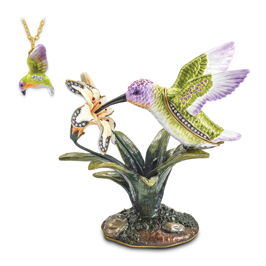 Luxury Giftware Pewter Bejeweled Crystals Gold-tone Enameled VIOLA Hummingbird & Daylily Trinket Box with Matching 18 Inch Necklace